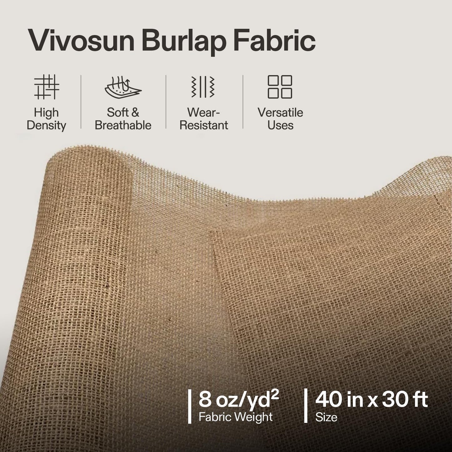 VIVOSUN 40 in x 30 ft Burlap Fabric, High Density Natural Jute Fiber, Multipurpose Burlap for Gardening, Outdoor Plant Care, Weed Barrier, DIY Crafts, and Decoration