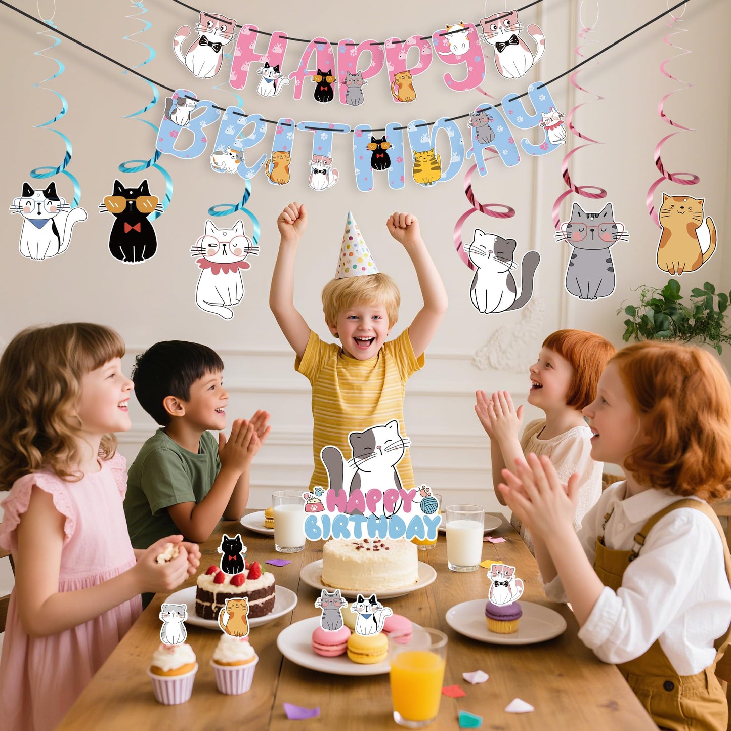 Cat Theme Birthday Party Supplies,15 PCS Happy Birthday Banner-NO DIY,6 Hanging Cutouts,6 Hanging Swirl Decor,1 Cake Topper,12 Cupcake Toppers,3 Birthday Honeycomb Party Decoration