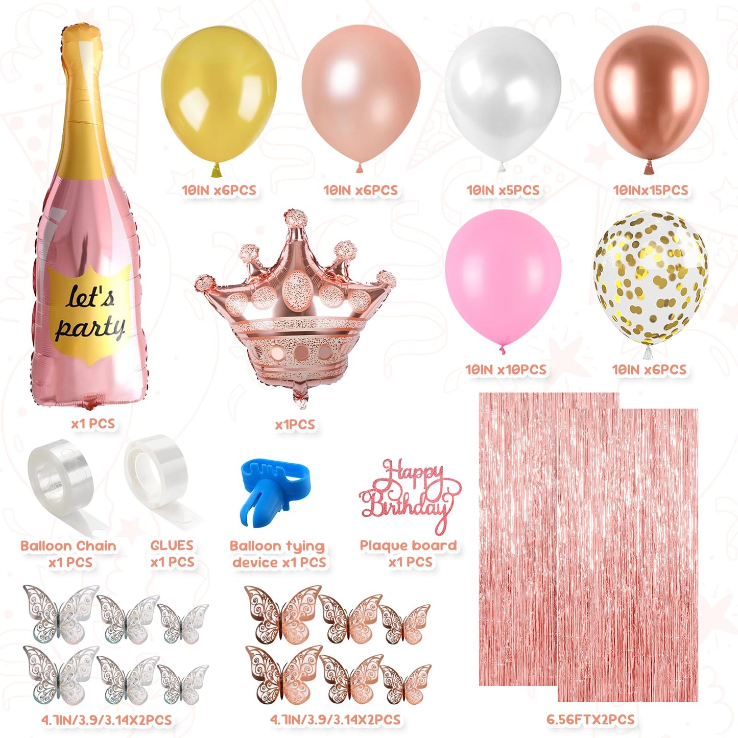 Pink Happy Birthday Decoration Kit: 96pcs Reusable Happy Birthday Banner & Balloon Garland Set, Pink Gold Party Supplies for Women Men Adults Kids, Backdrop Decor