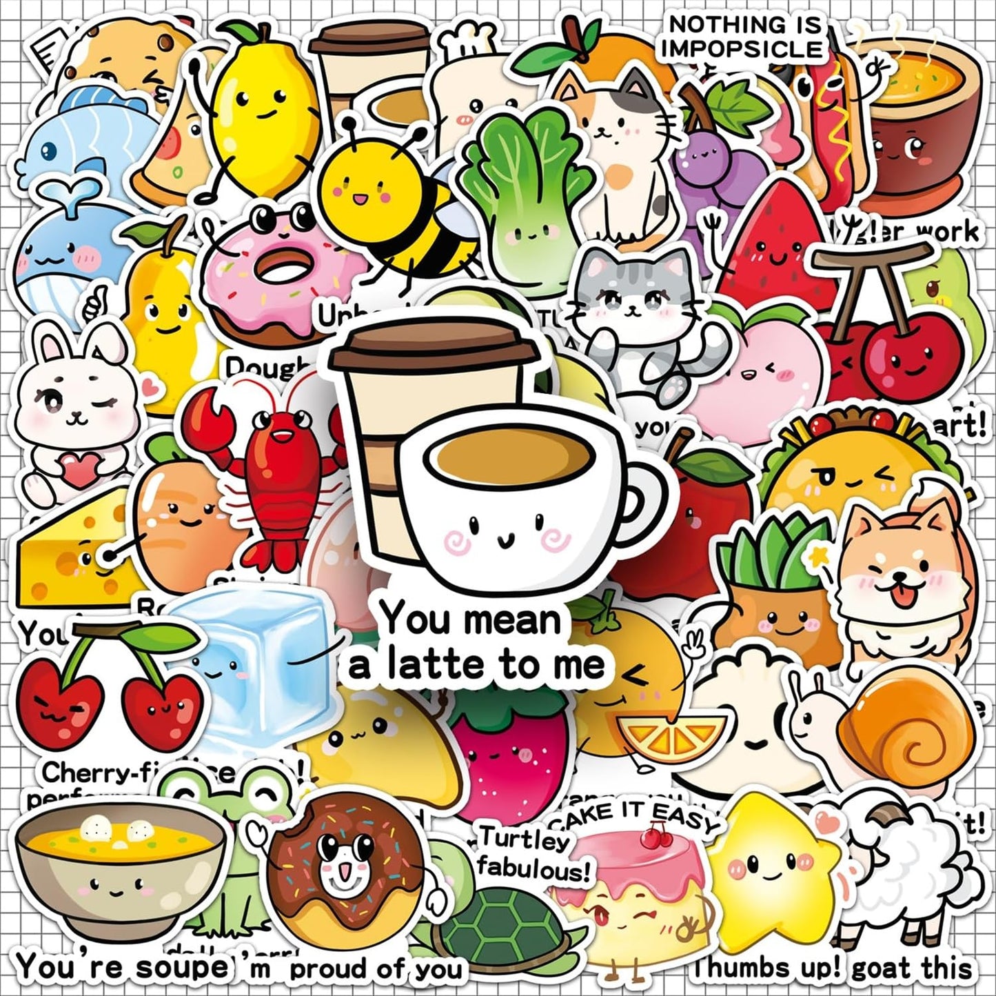 100PCS Food Pun Positive Affirmation Stickers, Funny Blessing Quotes, Vinyl Motivational Reward Decals, Kawaii Fruit Stickers for Small Business, Classroom Teachers, Water Bottles, Laptops, Scrapbooks