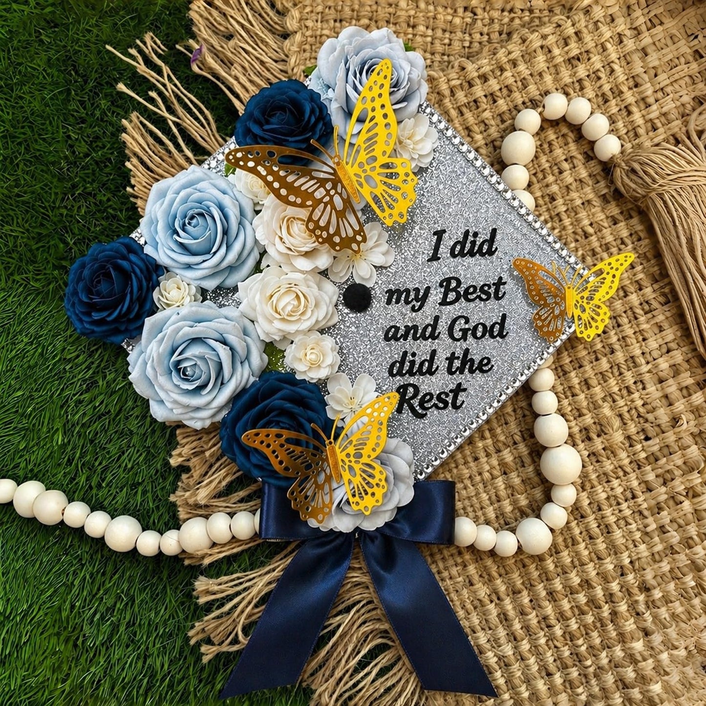 YIXAXKAO DIY Graduation Cap Decorations Kit Graduation Cap Topper Included Faux Rose Flower Heads 3D Butterfly Glitter Letter Stickers Grad Cap Decorations with Graduation Bow (Silver)