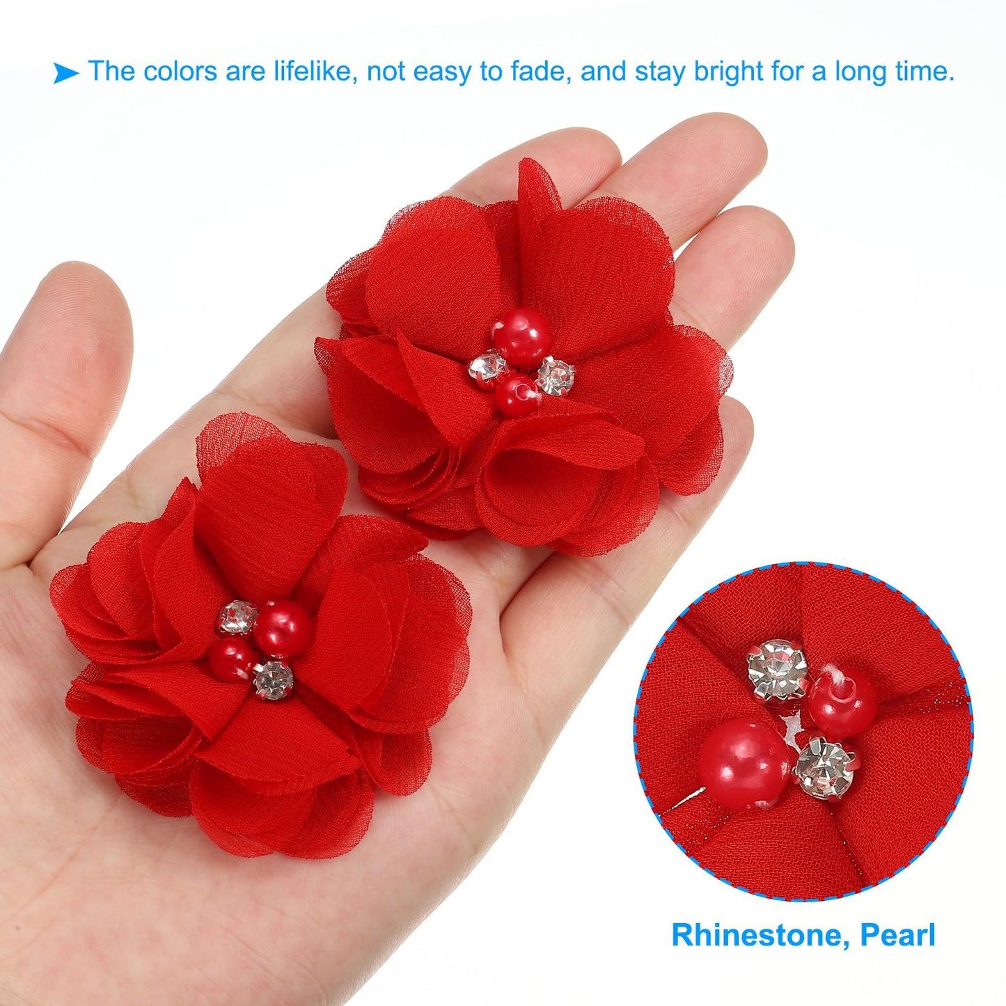PATIKIL 2" Chiffon Flowers, 30Pcs Fabric Flowers Sewing Appliques Embellishments with Rhinestone Pearl for DIY Crafts Wedding Headbands Party Decoration, Dark Red