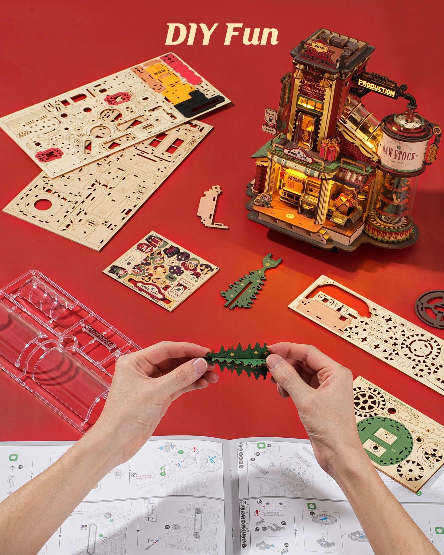 ROKR 3D Wooden Puzzle for Adult - Gift Factory Mechanical Model Kit with Music & Lights, 449pcs Adult Wooden Puzzles, DIY Building Puzzle for Adults