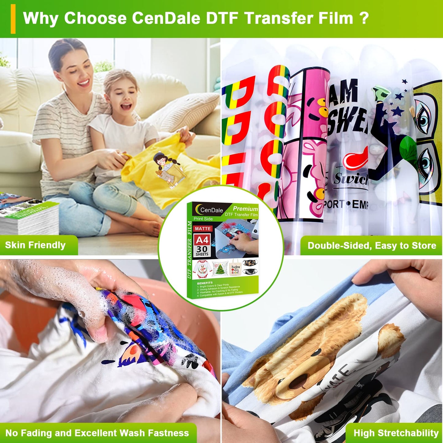 CenDale DTF Sublimation Kit - 30 Sheets A4 DTF Film for Sublimation Hack, 14oz DTF Powder White，DTF Transfer Starter Kit, Hot & Cold Peel DTF Transfer Film and Powder Kit for DTF & Sublimation Printer