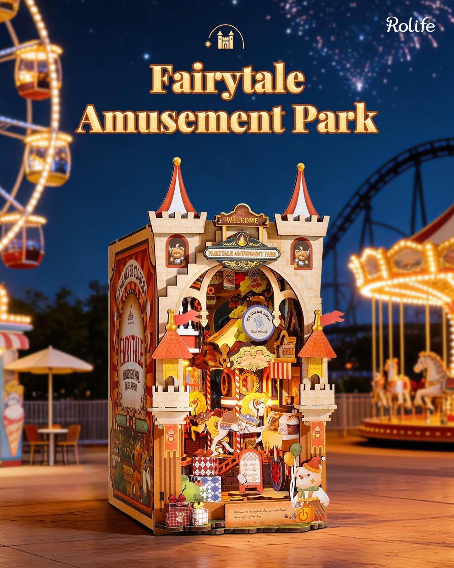 Rolife DIY Book Nook Kits for Adults- Fairytale Amusement Park- 3D Wooden Puzzle Booknook for Bookshelf Decor, Creative DIY Miniature Dollhouse Kits, Nook Tales Gifts for Adults, Teens & Book Lovers