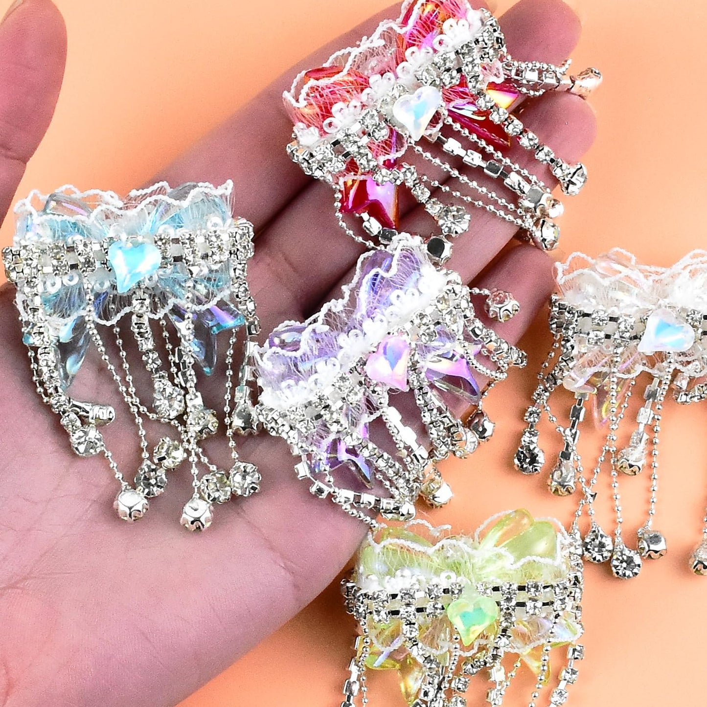 6Pcs White Lace Bow Rhinestone Acrylic Tassel Focal Beads for Pens Colorful 3D Bow Spacer Beads for DIY Craft Beadable Pens Jewelry Bracelet Necklace Earrings Keychain Making