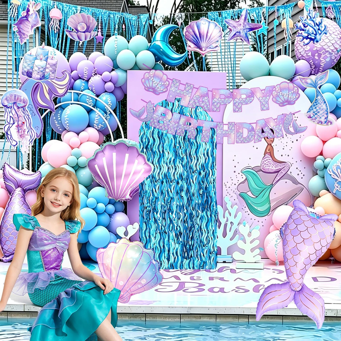 Mermaid Birthday Party Decorations, Under the Sea Party Supplies with Light Blue Wavy Tinsel Curtain, Happy Birthday Banner, Hanging Swirls,Shell Tail Foil Balloons for Girls Birthday