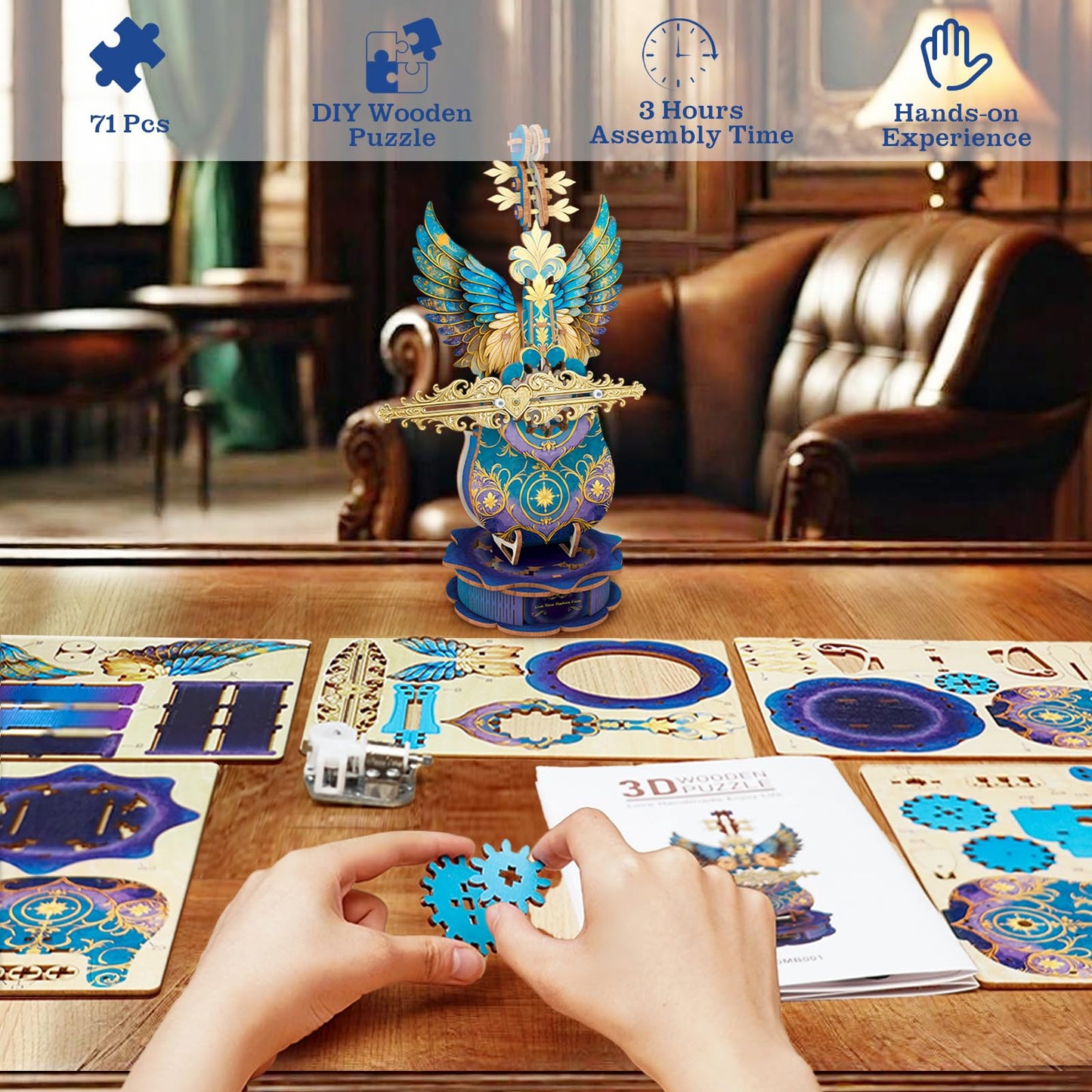 3D Wooden Puzzles for Adults, Mechanical Cello Music Box Kit with Base, DIY Wooden Model Kits to Build, Birthday Valentine's Day Gifts for Women Men, Music Box Puzzle Lover