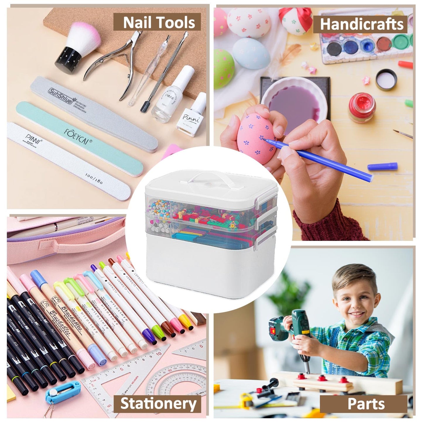 3-Layer Plastic Craft Organizers and Storage Box with Removable Trays, Storage Containers with lids and Handle, Art Supply Storage Organizer for Bead, Ornament, Nail Polish, Tape（10.62" x9"x7.67"）