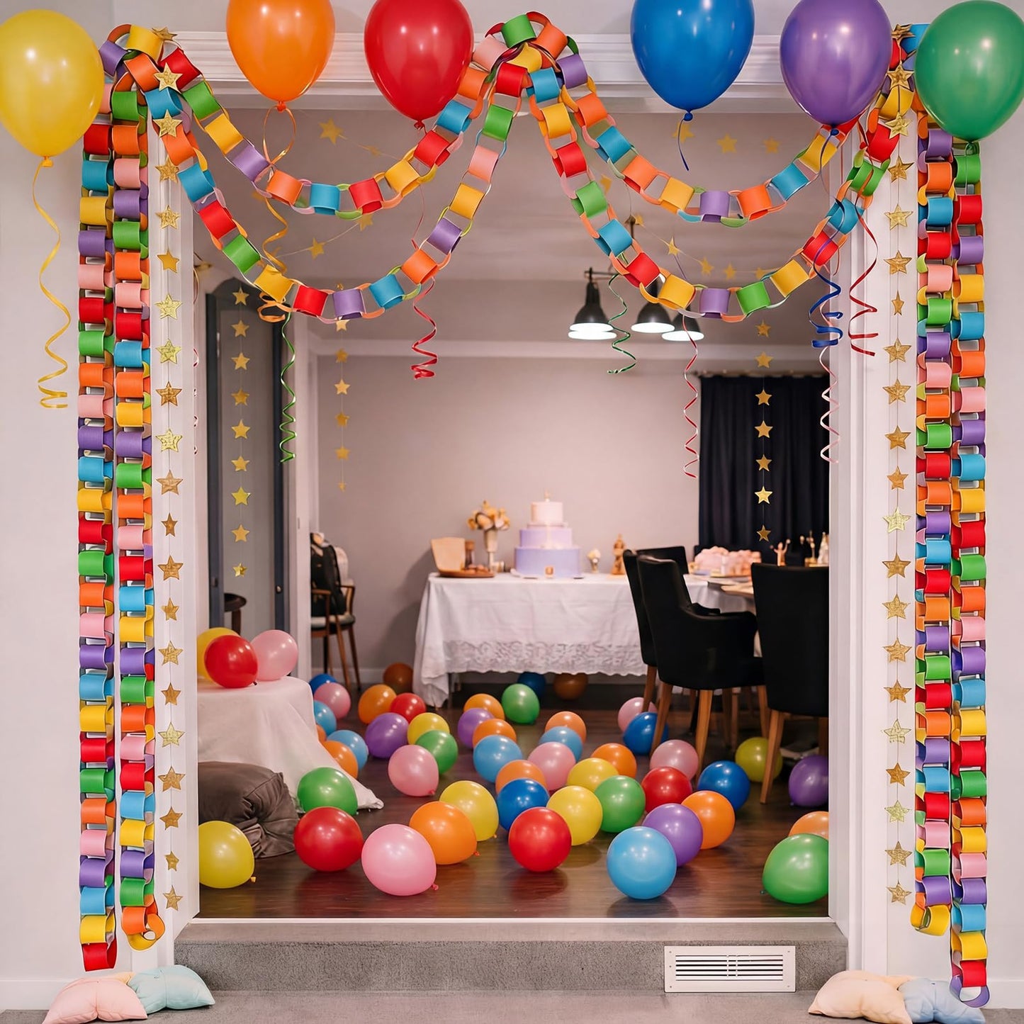 Roowest 500 Sheets Paper Chain Strips 4 Gold Star Garland 35 Balloons with Double Sided Tape Birthday Party Hanging Decor for Graduation Classroom DIY Craft Birthday Wedding Rainbow Party Decorations