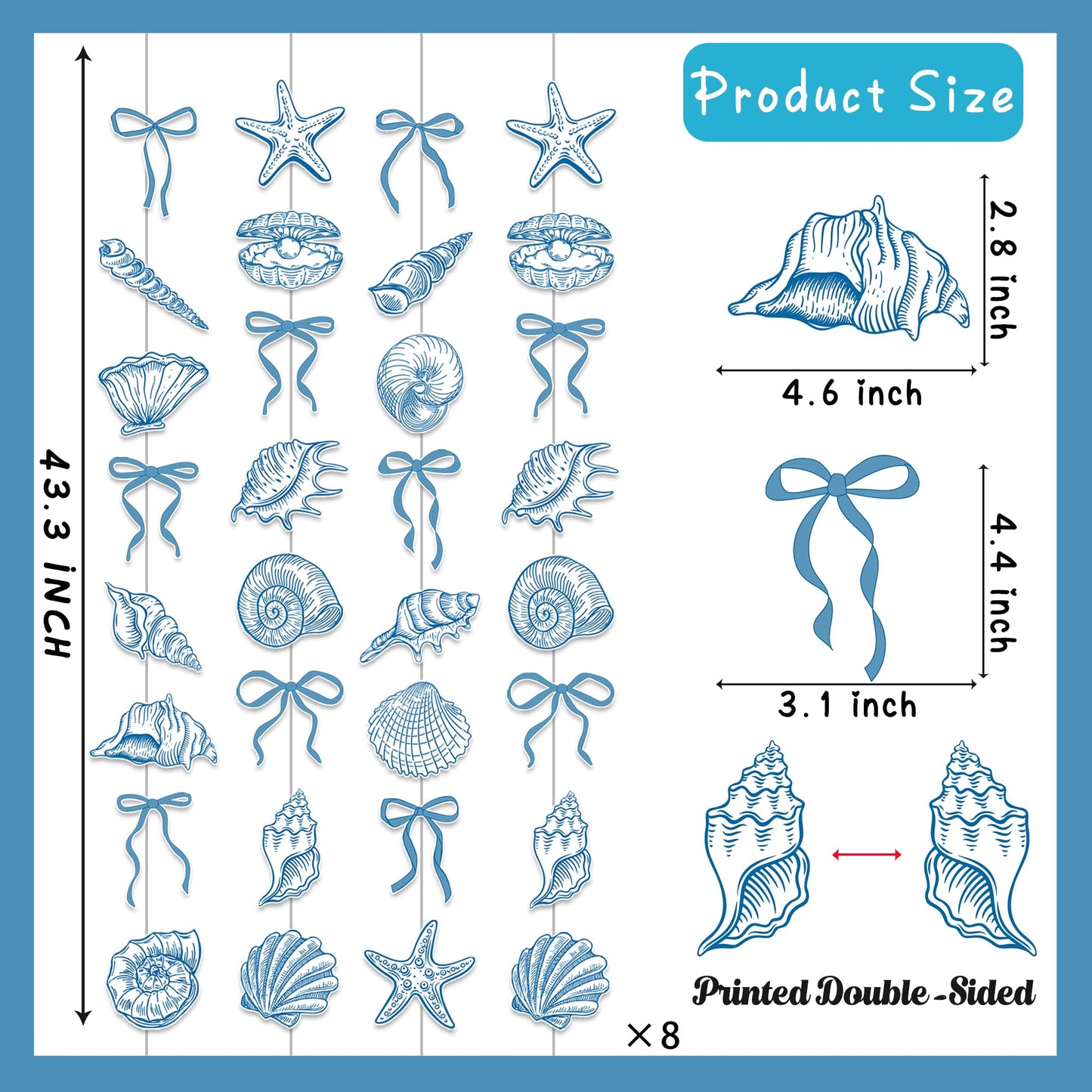 Sea Blue Bow Starfish and Seashell Garlands Summer Ocean Party Supplies 8PCS Coastal Starfish and Seashell Banners Nautical Party Decorations for Marine Baby Shower Wedding Bachelorette Decor