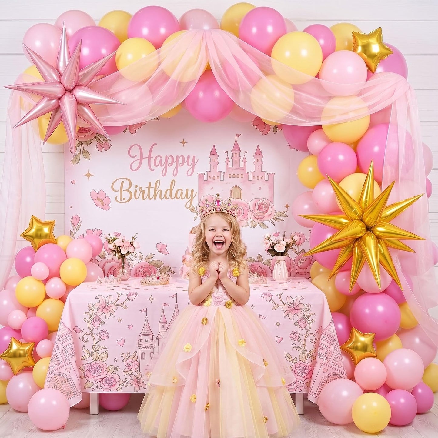 Hot Pink Yellow Balloon Arch Kit 160pcs with Large Pink Gold Star Five-Point Star Foil Balloons for super bro Princess Birthday baby shower peach Bridal shower Party Decorations