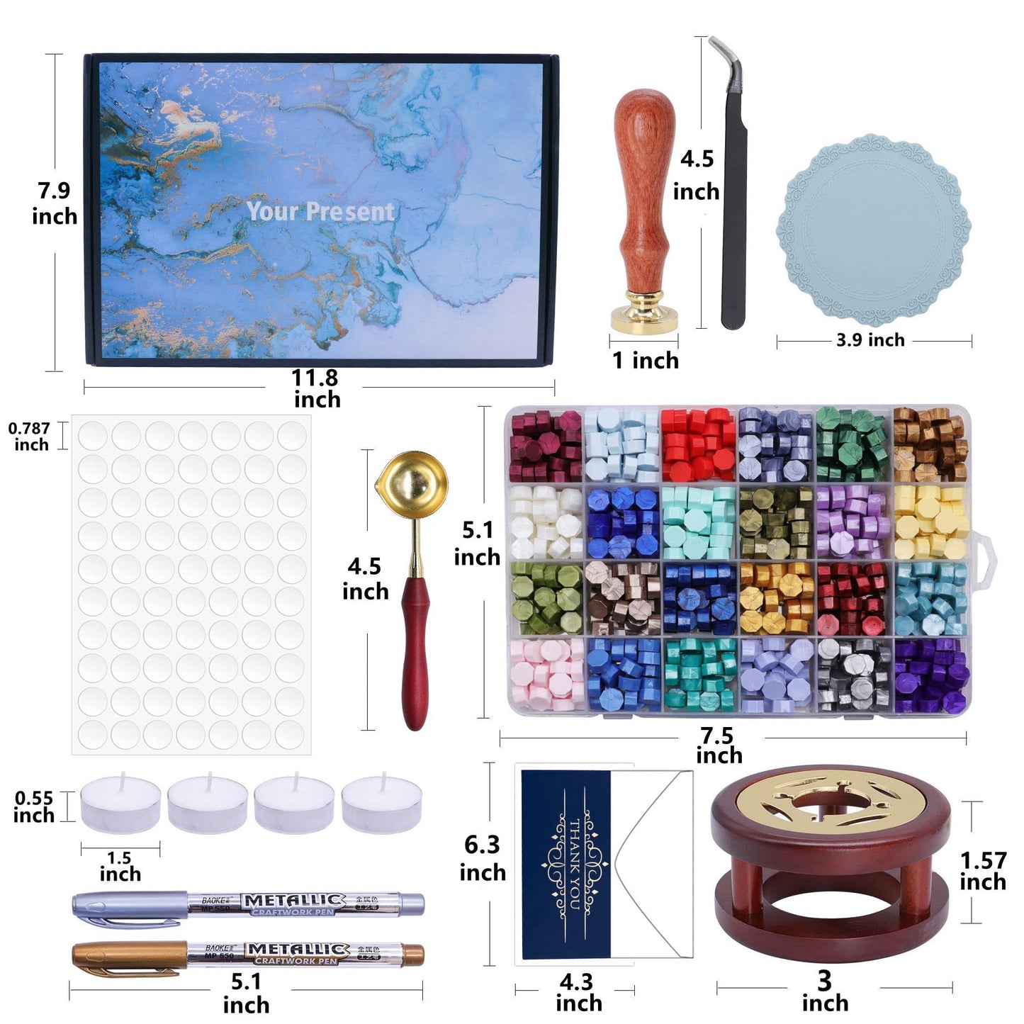 SWANGSA Wax Seal Kit with Gift Box, 24 Color 700pcs Sealing Wax Beads with Eucalyptus Stamp, Furnace, Pen, Thank You Cards and Silicone Mat for Wedding Invations, Christmas