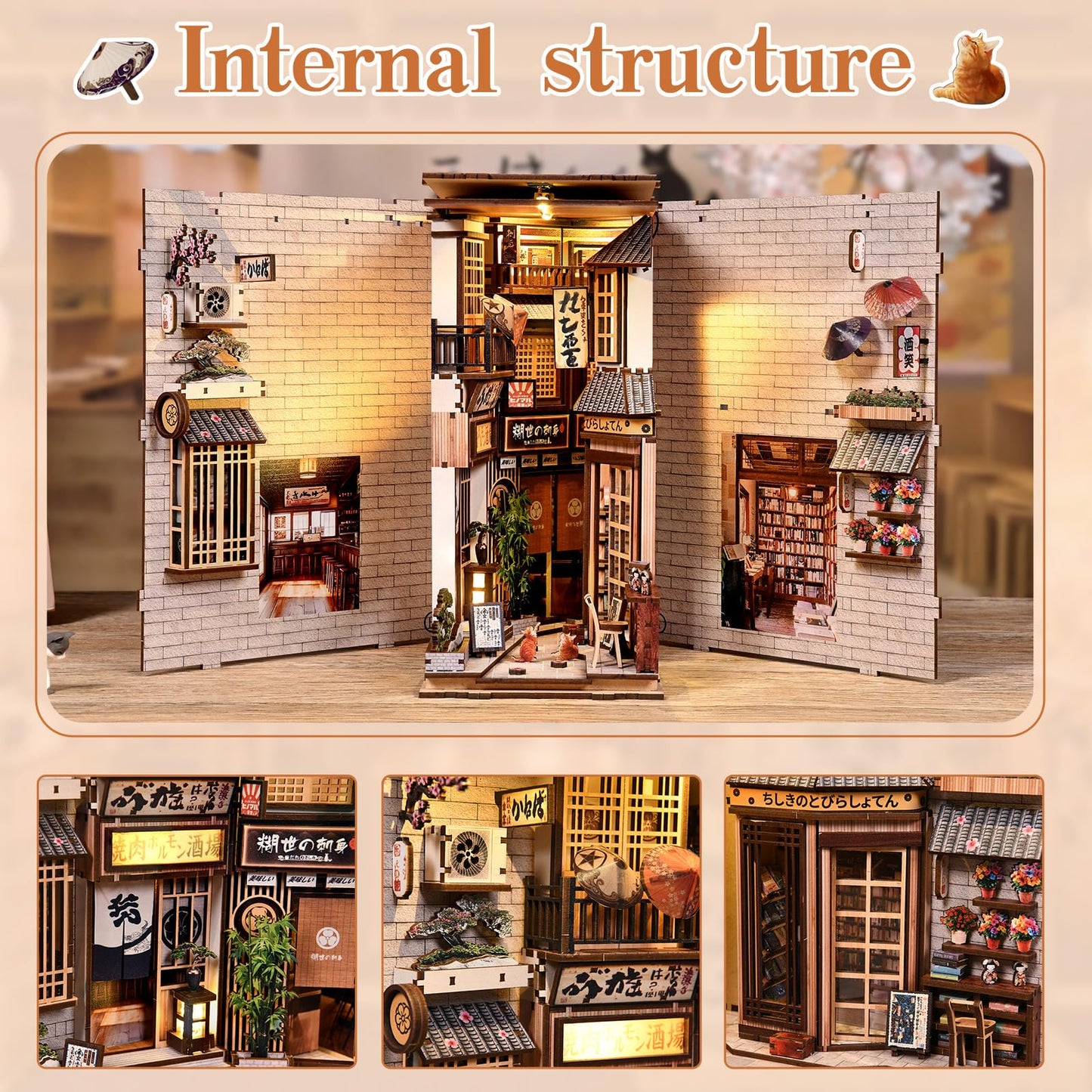 DIY Book Nook Kit, 3D Wooden Puzzle Bookend with LED Light, Japanese Street Alley Miniature House Model, Creative Shelf Insert Decor & Arts Crafts Gift for Adults Teens (The Alley Waiting for the Cat)
