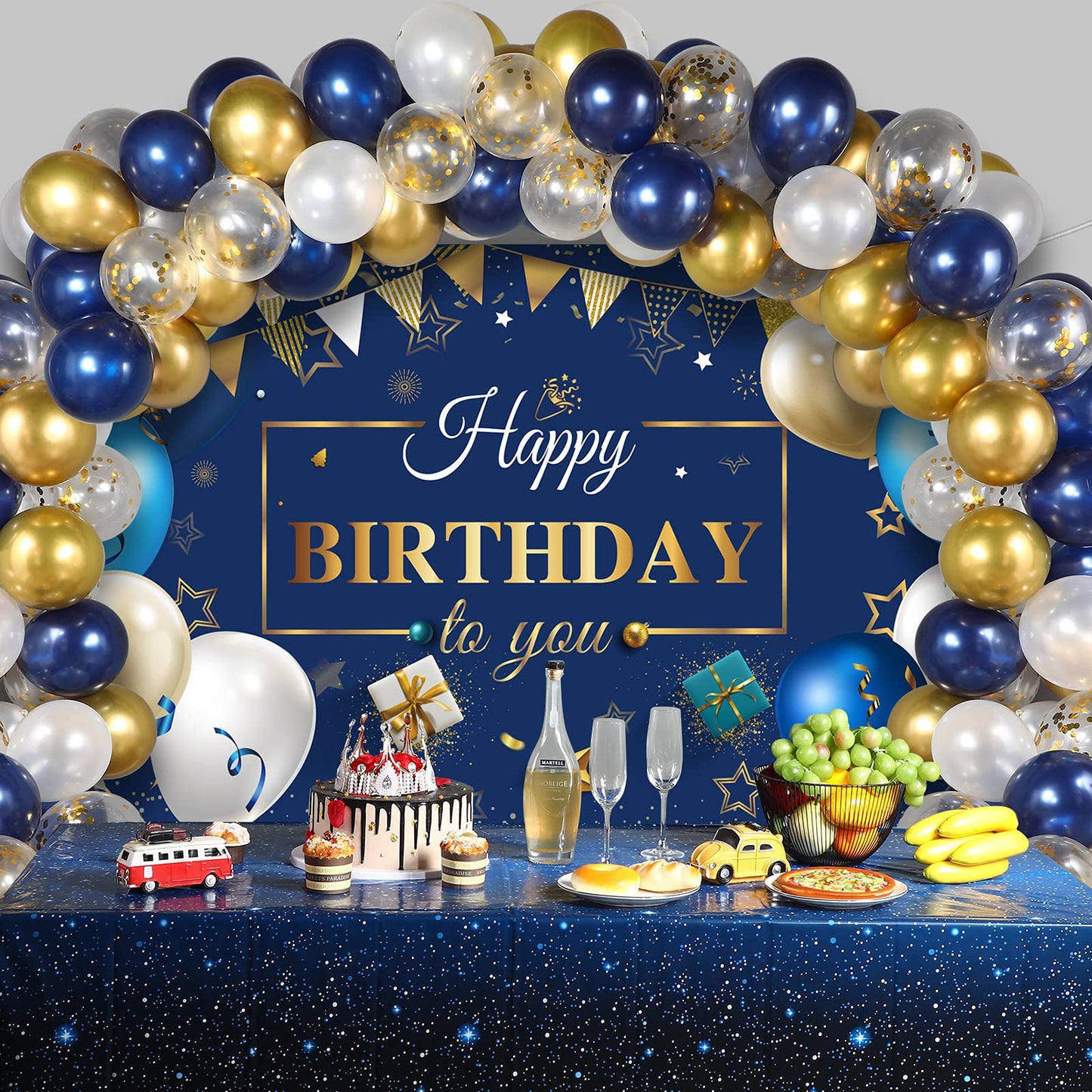 Tatuo Navy Blue Birthday Confetti Balloons Kit Set Photography Backdrop Banner Package for Boys Girls Men Women Birthday Party Decorations Supplies(Navy Blue and Gold)