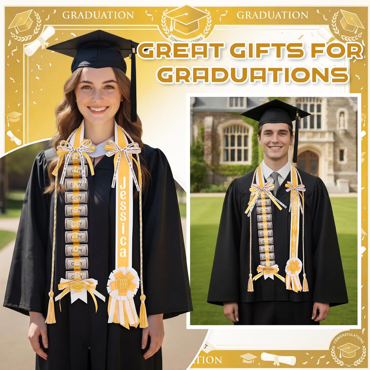 Spakon Graduation Money Lei with Cash Holder, 48 Inch 2026 Graduation Ribbon Lei with Honor Cord 2026 Grad Braided Necklace for DIY Women Men College Party Decor Supplies Grad Cash Gift(White, Gold)