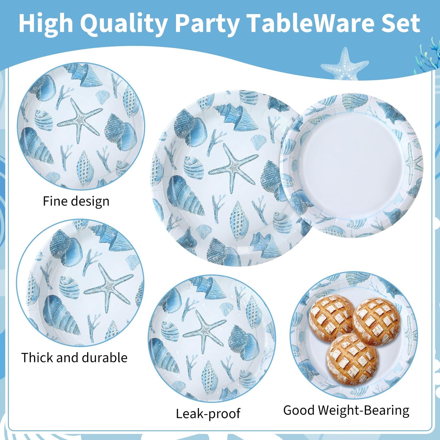 Pickmesh 400 Pcs Under The Sea Party Decoration Set, Ocean Seashell Paper Plates and Napkins, Shell Cups and Cutlery Supplies Ocean Themed Birthday Party Tableware, Serve for 50 Guests