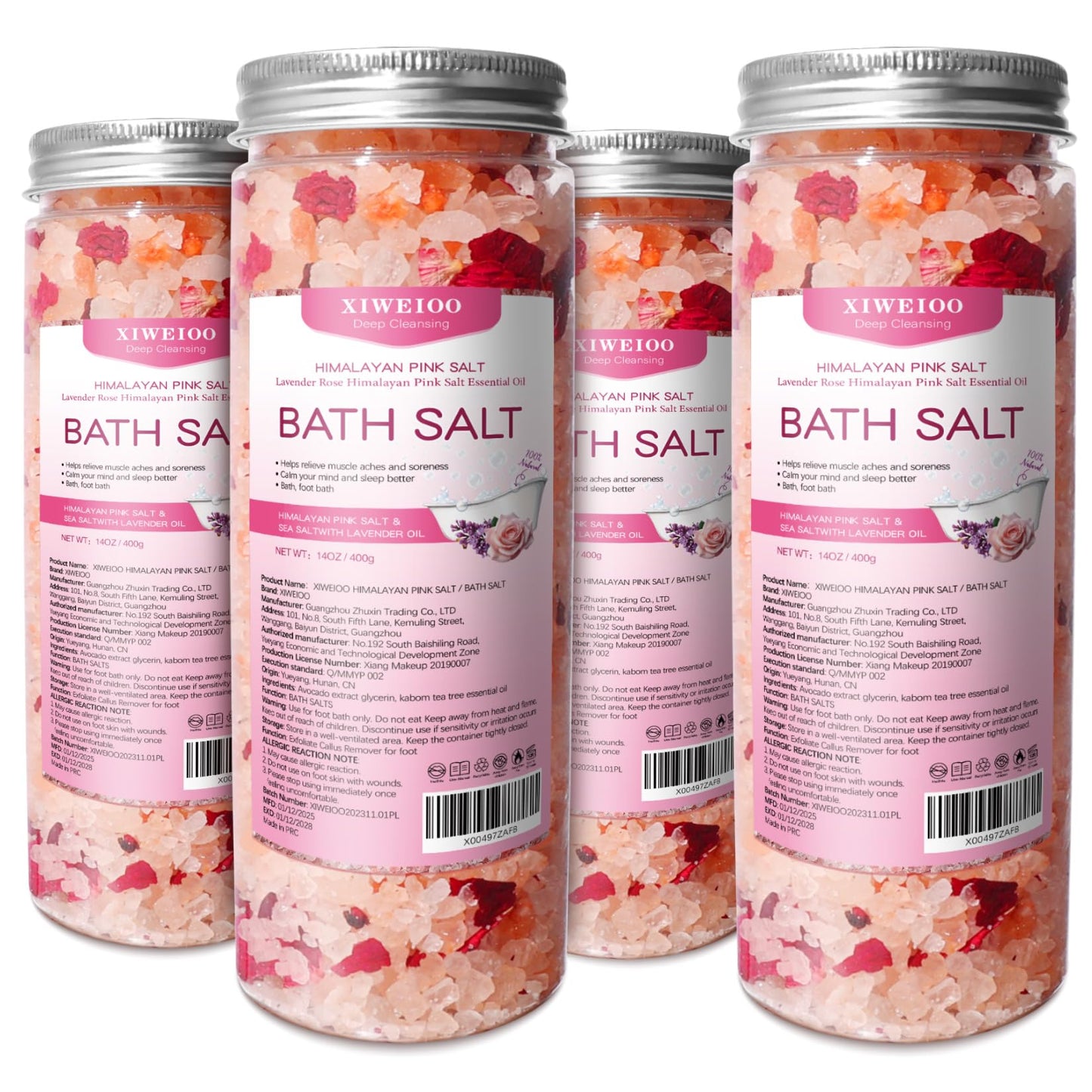 XIWEIOO Bath Salts Set -56 oz, Pack of 4 Natural Epsom Salt for Soaking Rose Salts kit - Essential Oils Relaxes and Better Sleep Himalayan Pink Salt Foot Soak Tea Tree Oil for Women