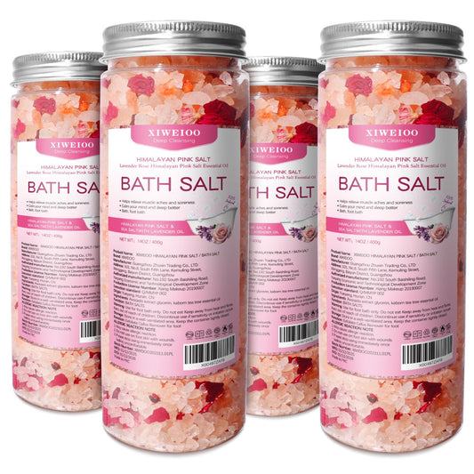 XIWEIOO Bath Salts Set -56 oz, Pack of 4 Natural Epsom Salt for Soaking Rose Salts kit - Essential Oils Relaxes and Better Sleep Himalayan Pink Salt Foot Soak Tea Tree Oil for Women