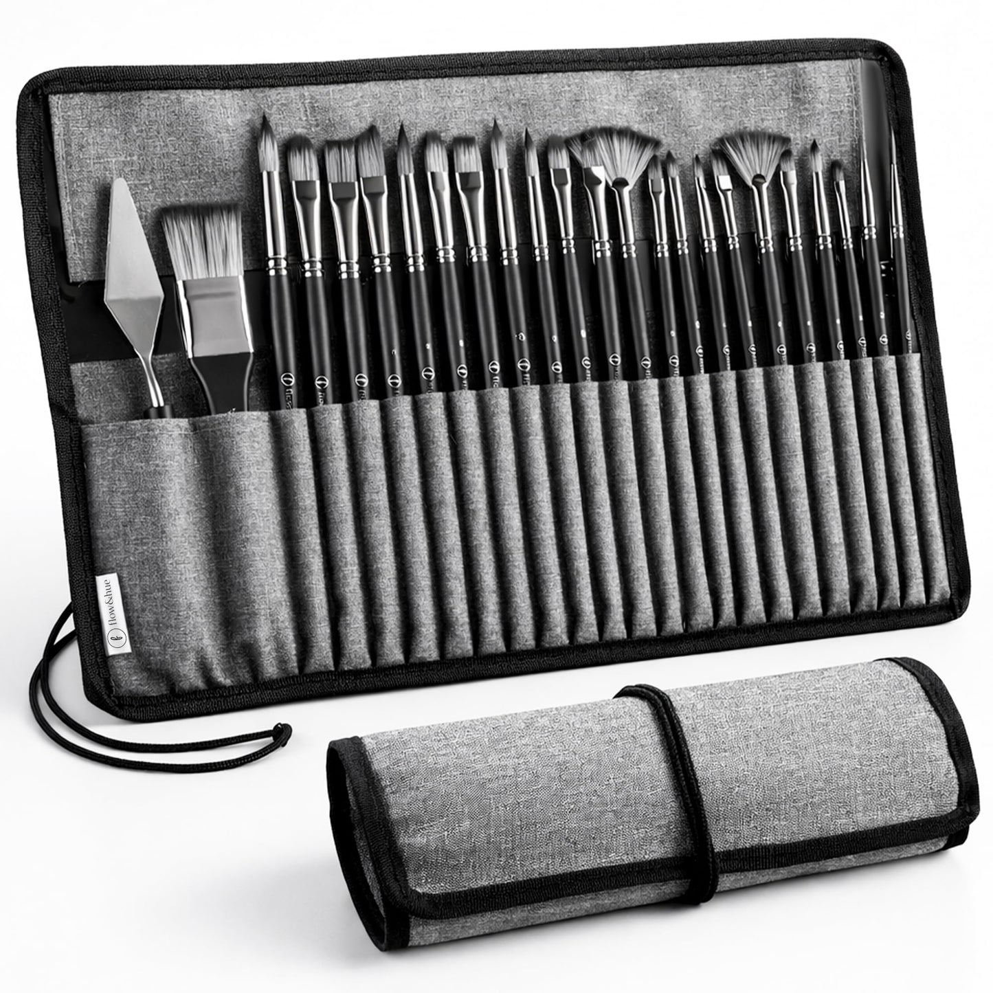 Flow & Hue 25 Pce Professional Paint Brush Set – Acrylic, Watercolor, Oil & Gouache - 9 Brush Shapes (Flat, Round, Filbert, Fan, Angle, Liner) + Palette Knife & Waterproof Canvas Roll Case for Artists
