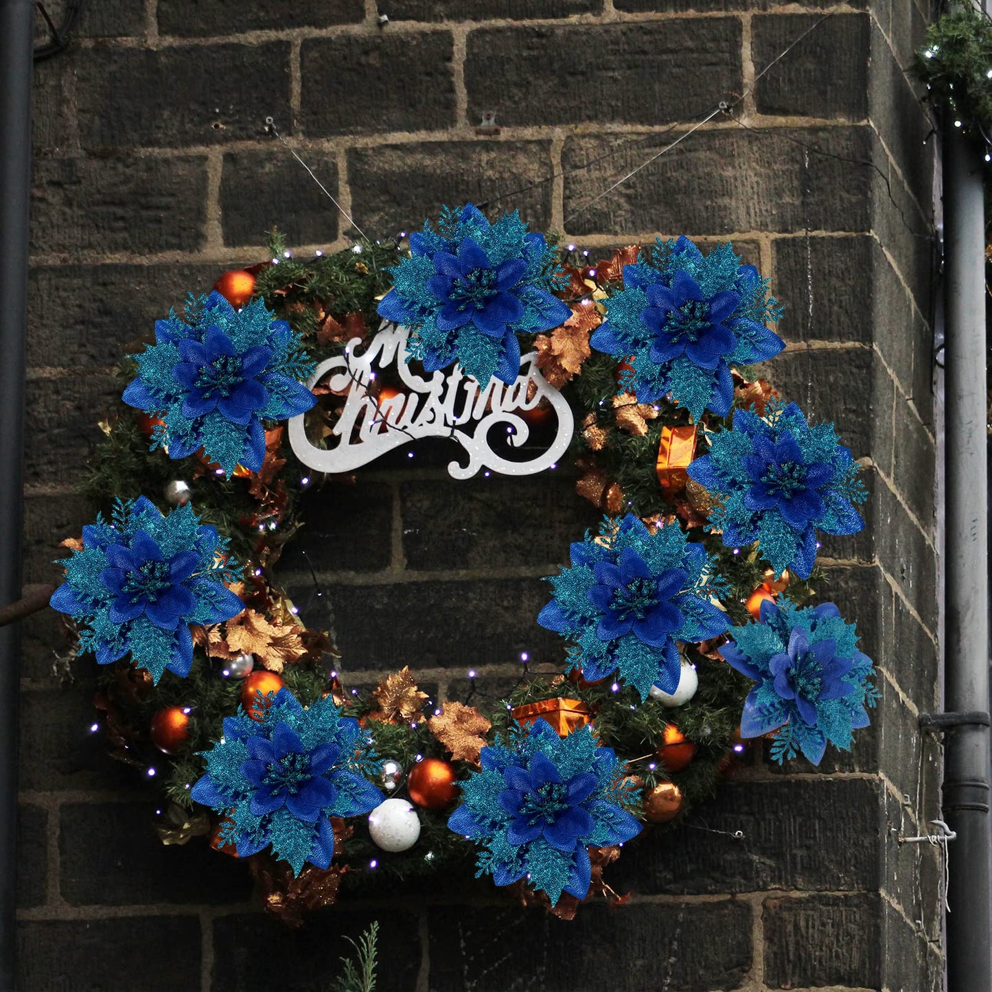 Childom 15 PCS Blue Poinsettia Flower Artificial Poinsettias with Clips Christmas Decorations Glitter Poinsettia Christmas Ornaments Xmas Tree Flowers with Stems DIY Xmas Wreath Holiday Party Decors