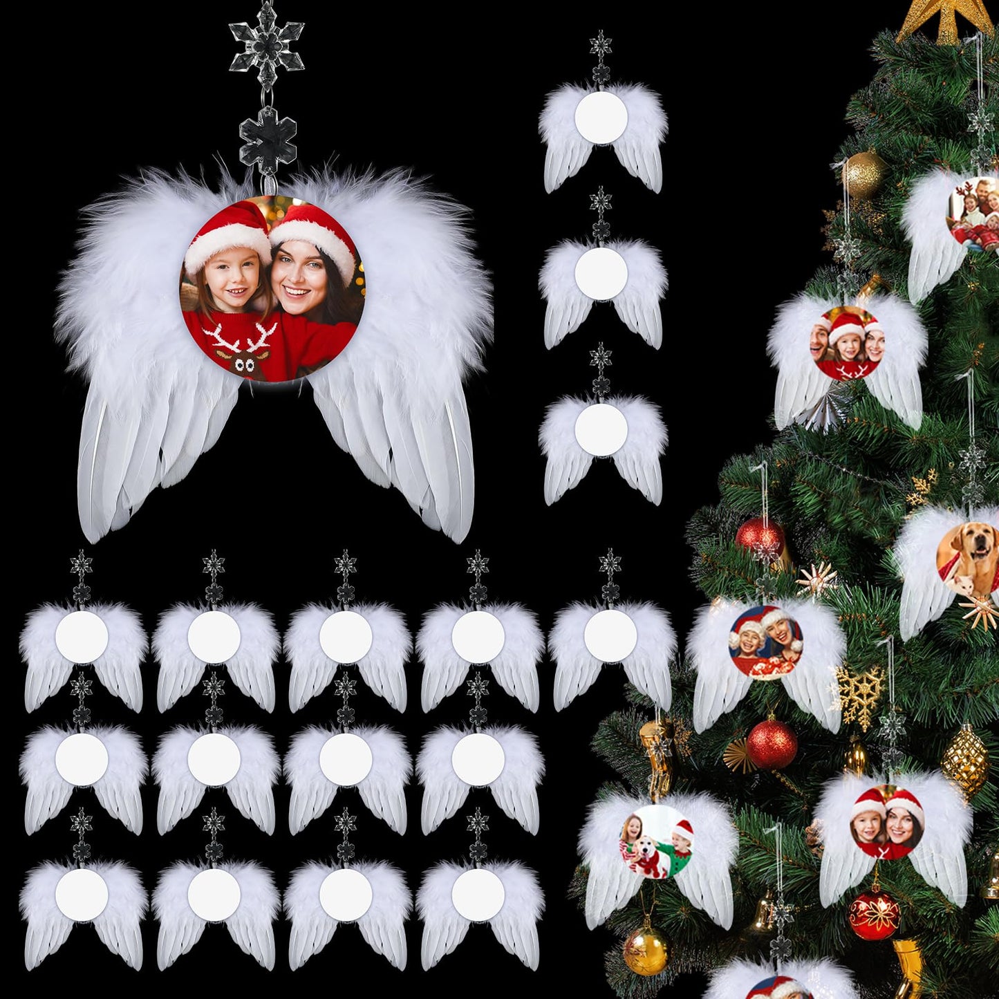 Huwena 48 Pcs Christmas White Angel Wings Ornament Angel Feather Wings with Round Sublimation Blank Pendants Hanging Acrylic Snowflake Crystal Ornaments for Christmas Tree DIY Crafts Party Decor