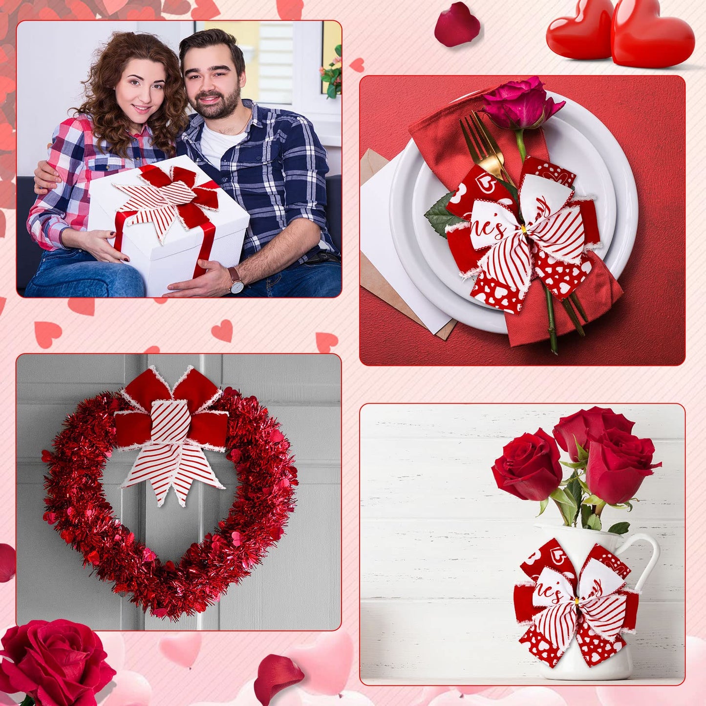 Whaline 36 Yard Happy Valentine's Day Wired Edge Ribbon Red White Love Hearts Craft Ribbon with Burr Wedding Fabric Wrapping Ribbon for Anniversary Wreath Bow Making DIY Crafts Supplies, 6 Roll