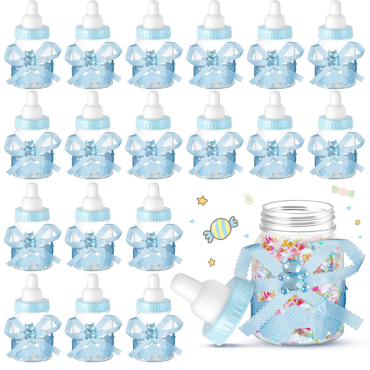 Nuenen 36 Pcs Baby Bottle Party Favors Plastic Mini Milk Bear Bottles for Baby Shower Decorations and Centerpieces Candy Jar with Ribbon for Gifts(Blue,Stylish)