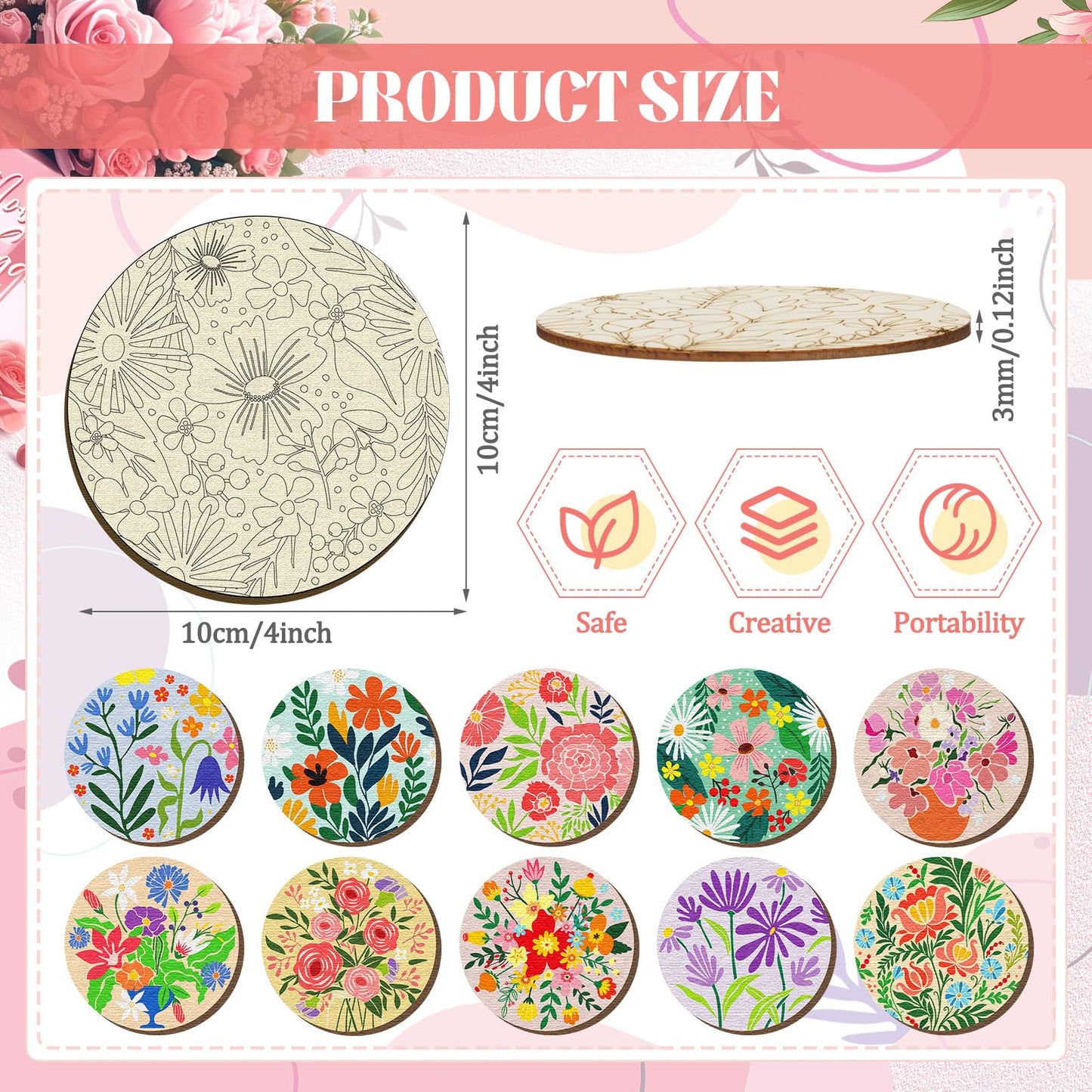 Reallnaive 45 Pcs Flower Wooden Coasters Painting Kit, 4 Inch Paint Your Own Boho Coasters with Markers, Mothers Day Arts and Crafts for Adults Women Seniors Elderly Crafters Gifts