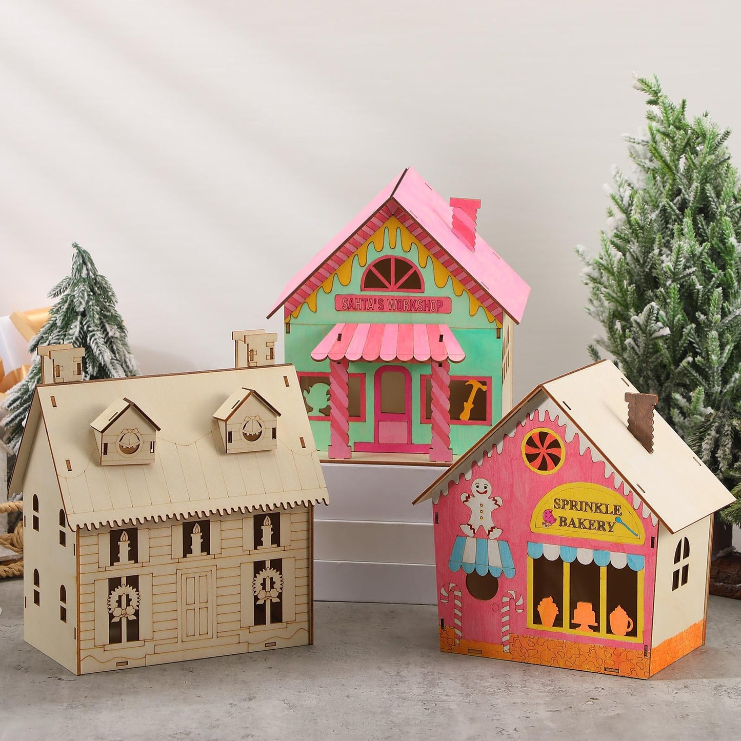 Thyle 6 Pcs DIY Wooden Christmas Gingerbread House Paints Kit, Unfinished Paint and Sip Kit Wooden 3D Holiday House for Adult Craft with Glitter Glue Paint Pen for Christmas Girl Night Art Favor Decor