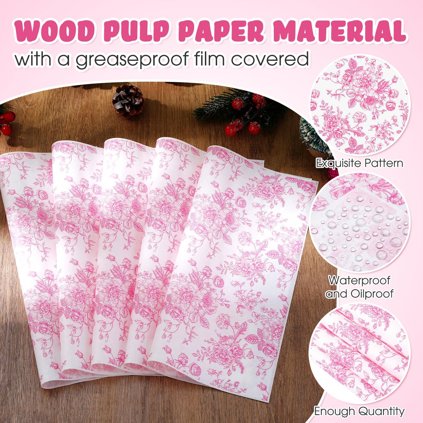 Marspark 100 Sheets Floral Wax Paper for Food Wrapping 11.4 x 11 Inches Spring Floral Food Basket Parchment Paper for Picnic Wedding Candy Cookies Baking Sandwich Burgers Greaseproof Wrapping(Pink)