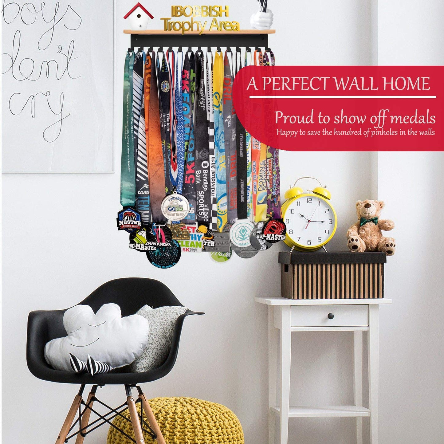 iBobbish Trophy Shelf with Hooks for Medals - Trophy Shelf for Wall Mount Ribbon Display, Trophy Shelves for Gymnastics, Soccer, Wrest,Running Race Medals Awards Rack,Gifts for Runners Luxurious