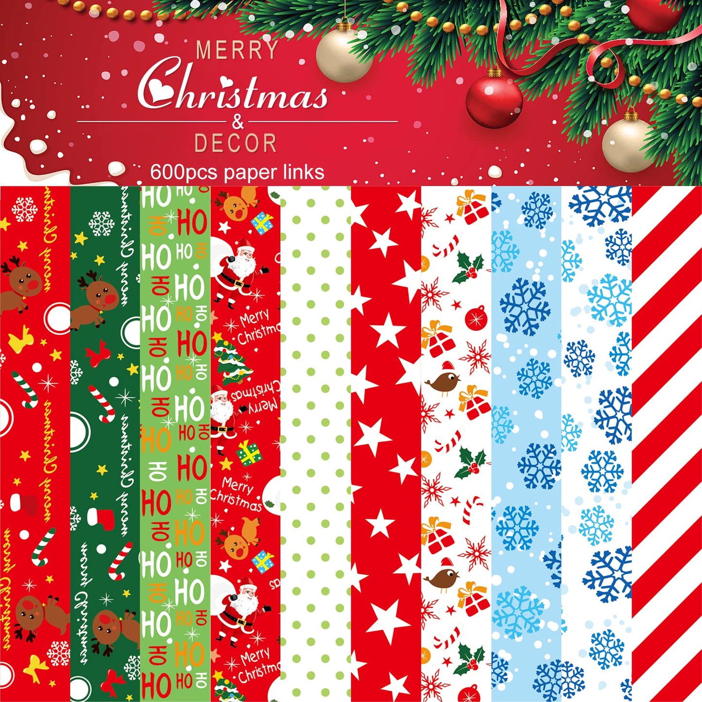 MIAHART 600 Piece Christmas Paper Chains - Festive Paper Craft Favors & Links for Merry Christmas & Party Decor