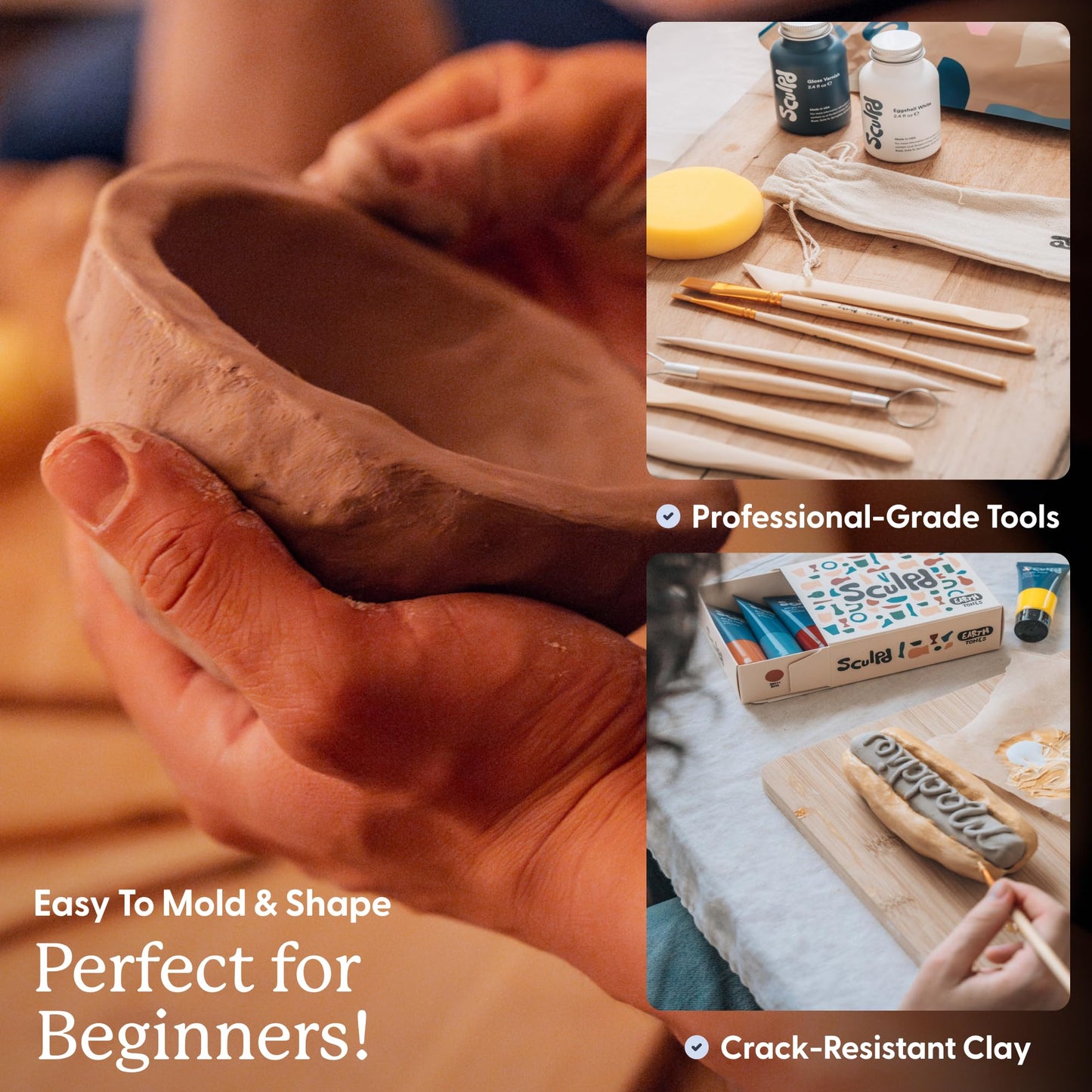Sculpd - The Original Pottery Kit for Adults - Air Dry Clay for Adults, Tools, Varnish, Paints, Brushes, Couples Date Night Arts & Crafts Set, Gloss Varnish with Floral Tones