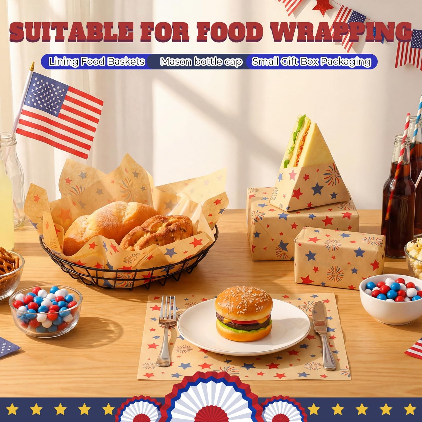 FoldTier 100 Pcs 4th of July Wax Paper Sheets for Food Wrapping 12x12 Inch Deli Paper Sheet 250th Anniversary Patriotic Firework Star Greaseproof Parchment Food Basket Liner for Sandwich Burger Fries