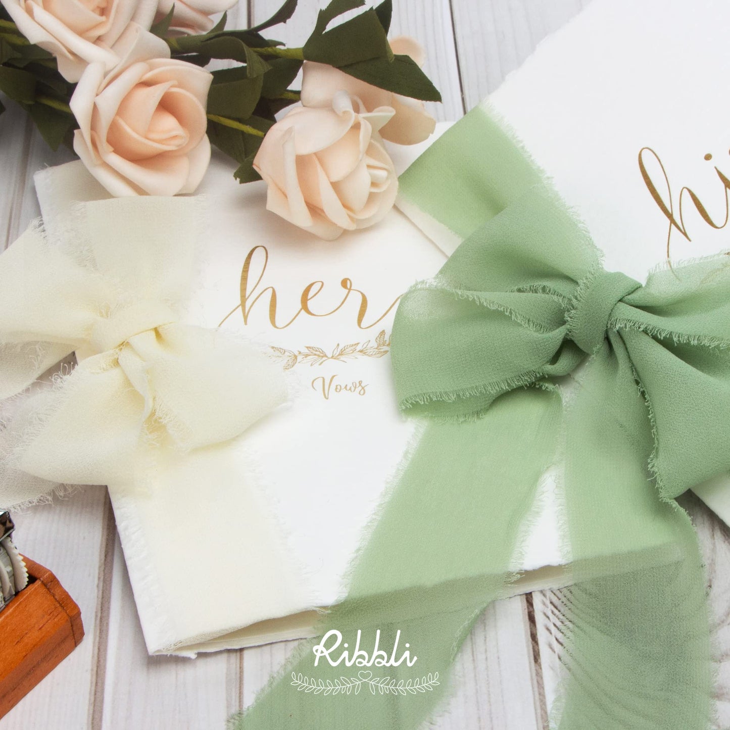 Ribbli Sage Green Chiffon Ribbon - 1-1/2 inch x 20 Yard, Handmade Fringe Chiffon Ribbon for Gift Wrapping, Wedding Invitations, Bridal Bouquets, Flower Arrangement Decoration