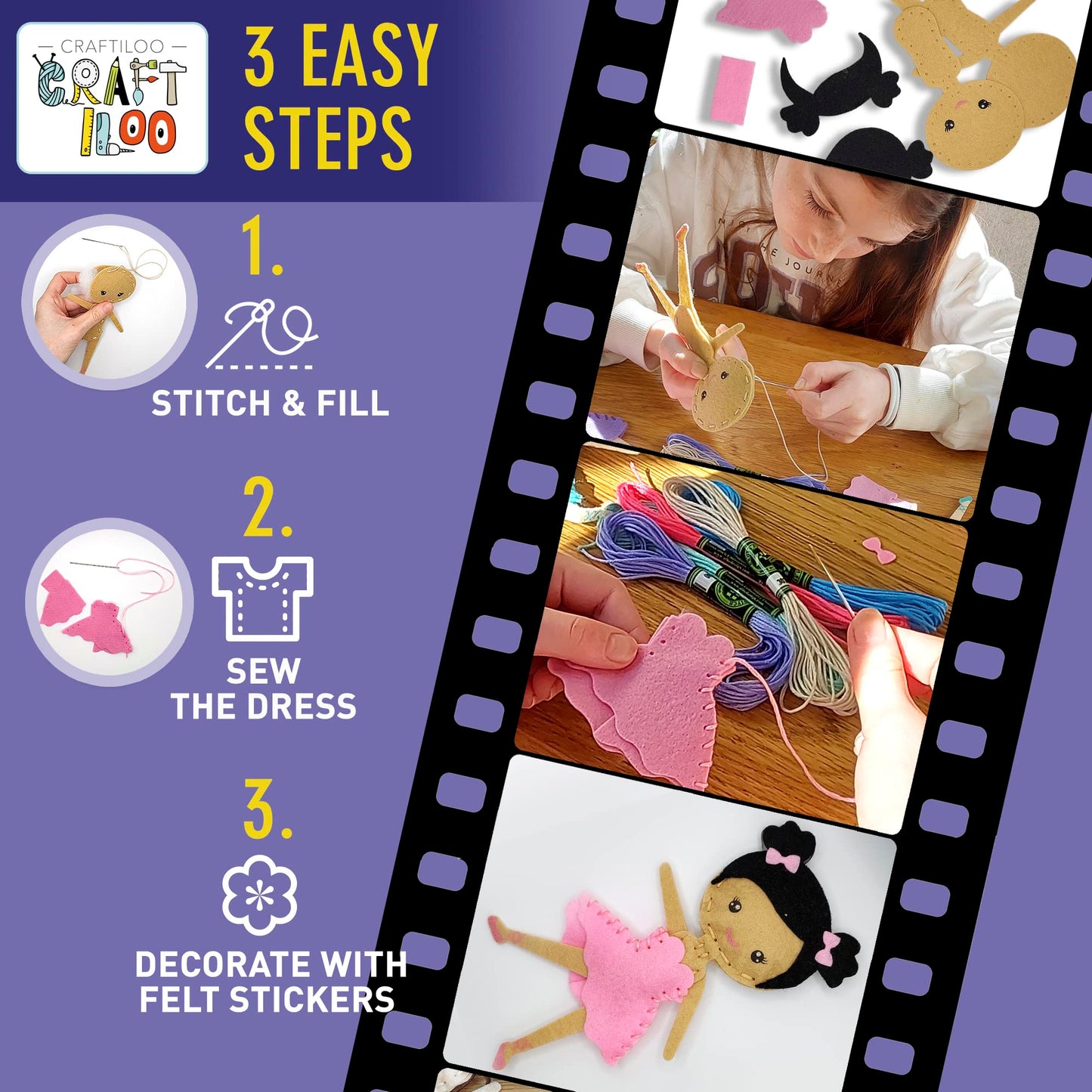 CRAFTILOO Ballerina Dancers Sewing Kit for Kids, Fun and Educational Craft Set for Boys and Girls Age 5-12, Sew Your Own Felt Ballerina Craft Kit for Beginners