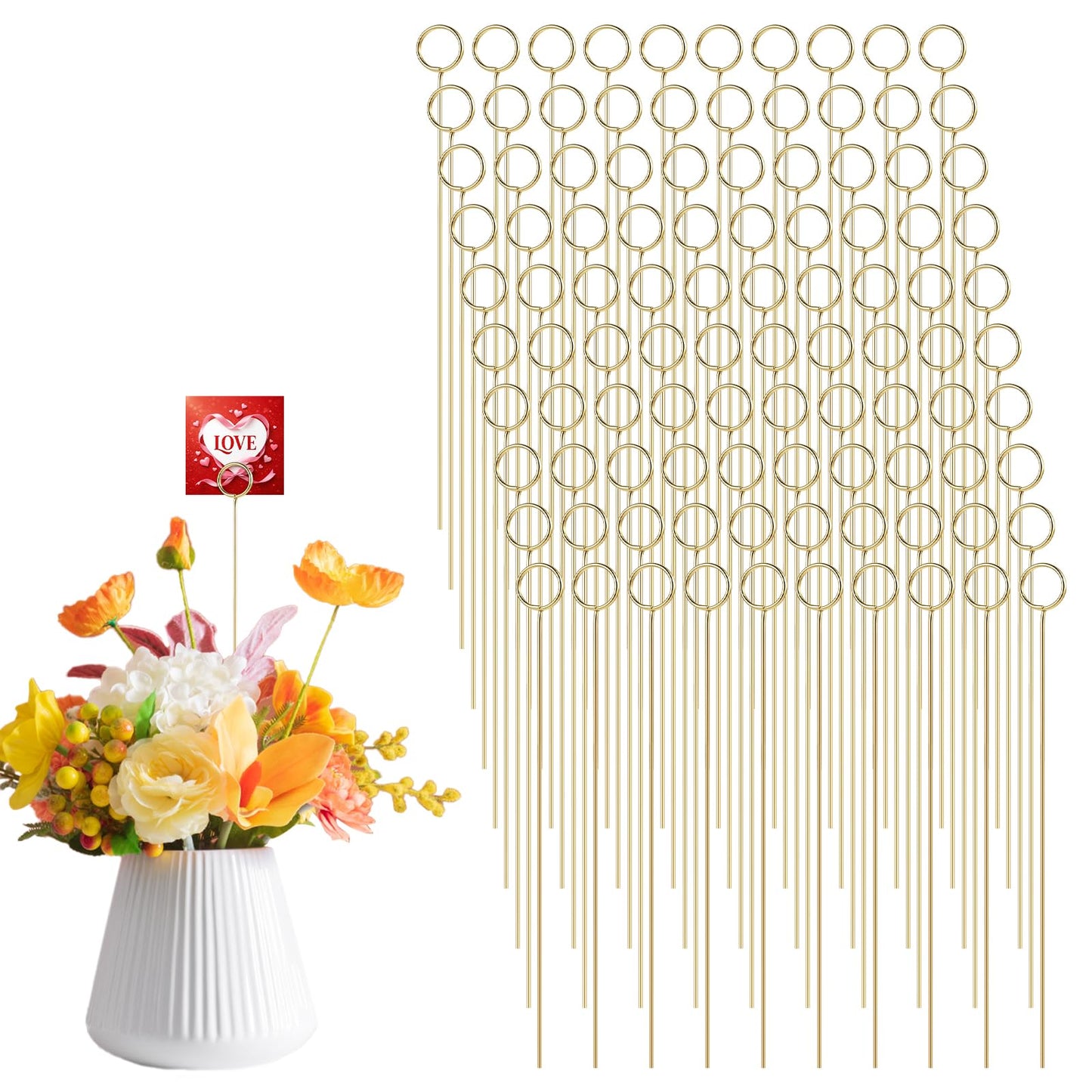 Oqqlin 100 Pcs Floral Card Holder Picks Bulk, 12 Inch Metal Wire Flower Place Card Sticks Round Picture Memo Clip Holder for Wedding, Party, Birthday, Baby Shower Supplies