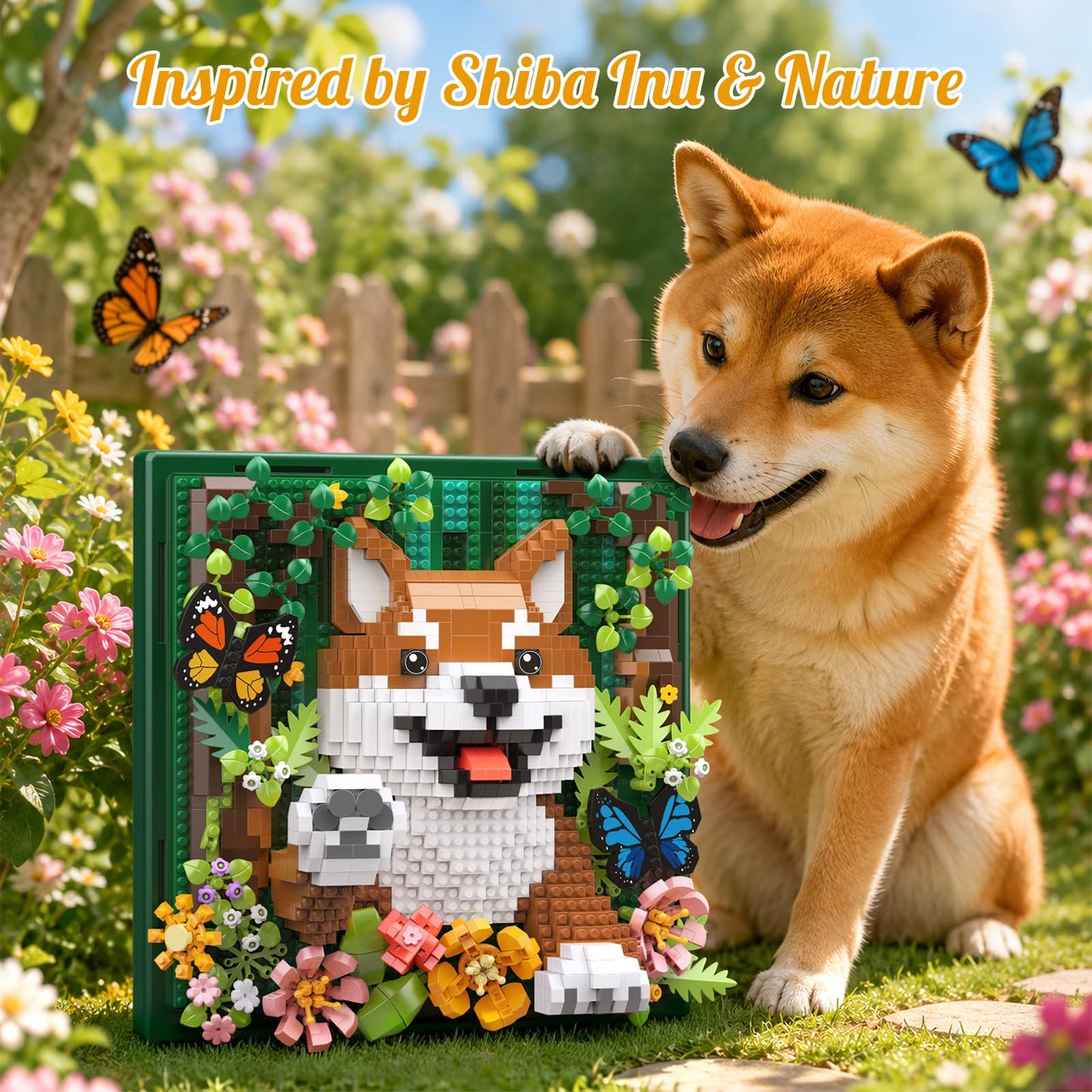 Vziimo Animal 3D Wall Art Micro Building Set, Flowers & Dog Wall Decor Model Kit, Shiba Inu Toys Gifts for Adults, Teens Age 14+(1600+ PCS)