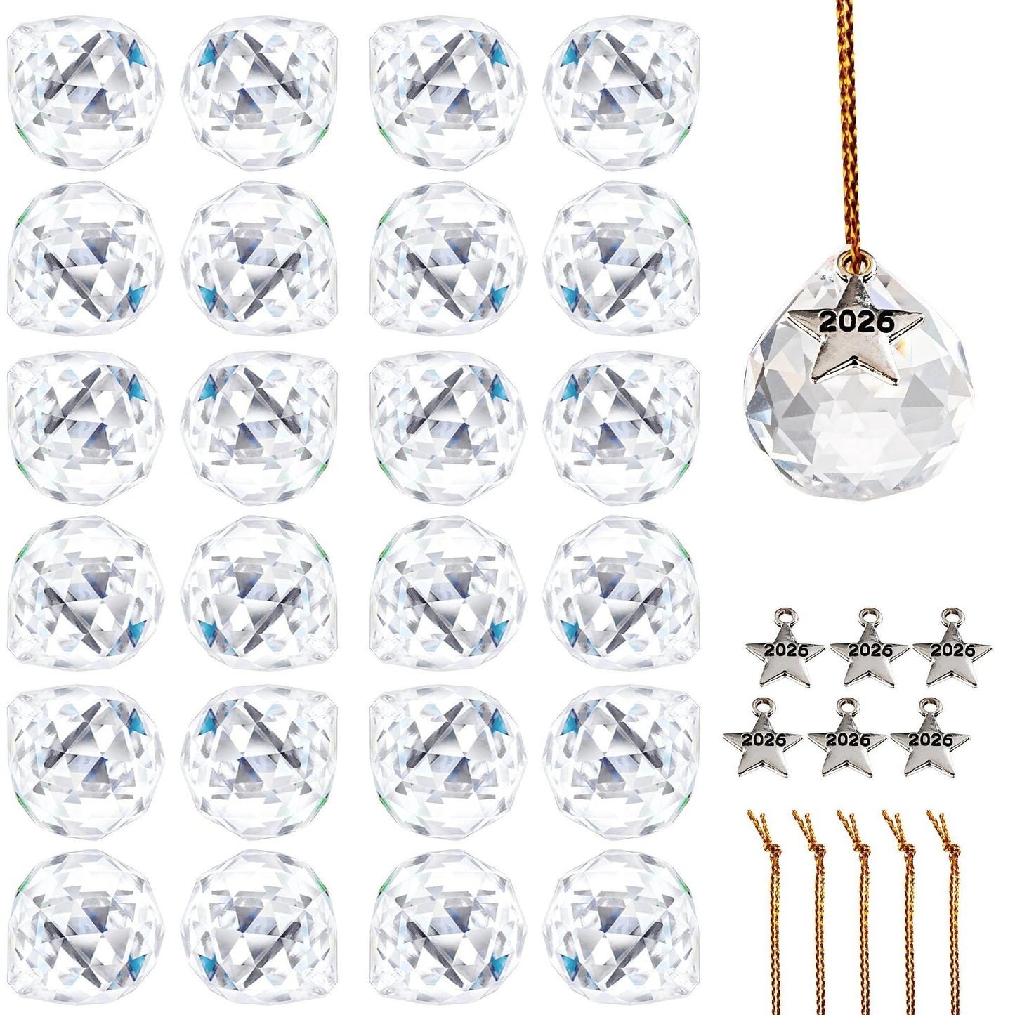 LOULIQIGIFT 24Pcs Clear Crystal Ball Prism 2026 Hanging Ornaments Chandelier Crystal Parts Rainbow Maker for Wedding Party Birthday Mothers Day Decoration (20mm)