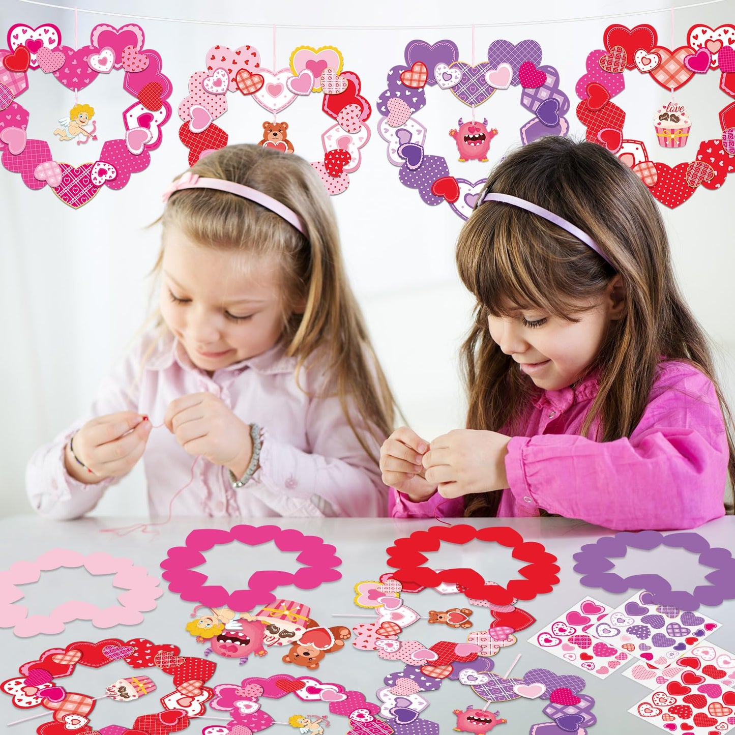 Lonfliness 24 Sets Valentines Wreath Craft for Kids DlY Hanging Decor Valentine's Day Heart Paper Wreath Craft Ornament with Heart Stickers Valentines Party Supplies for School Classroom Activities