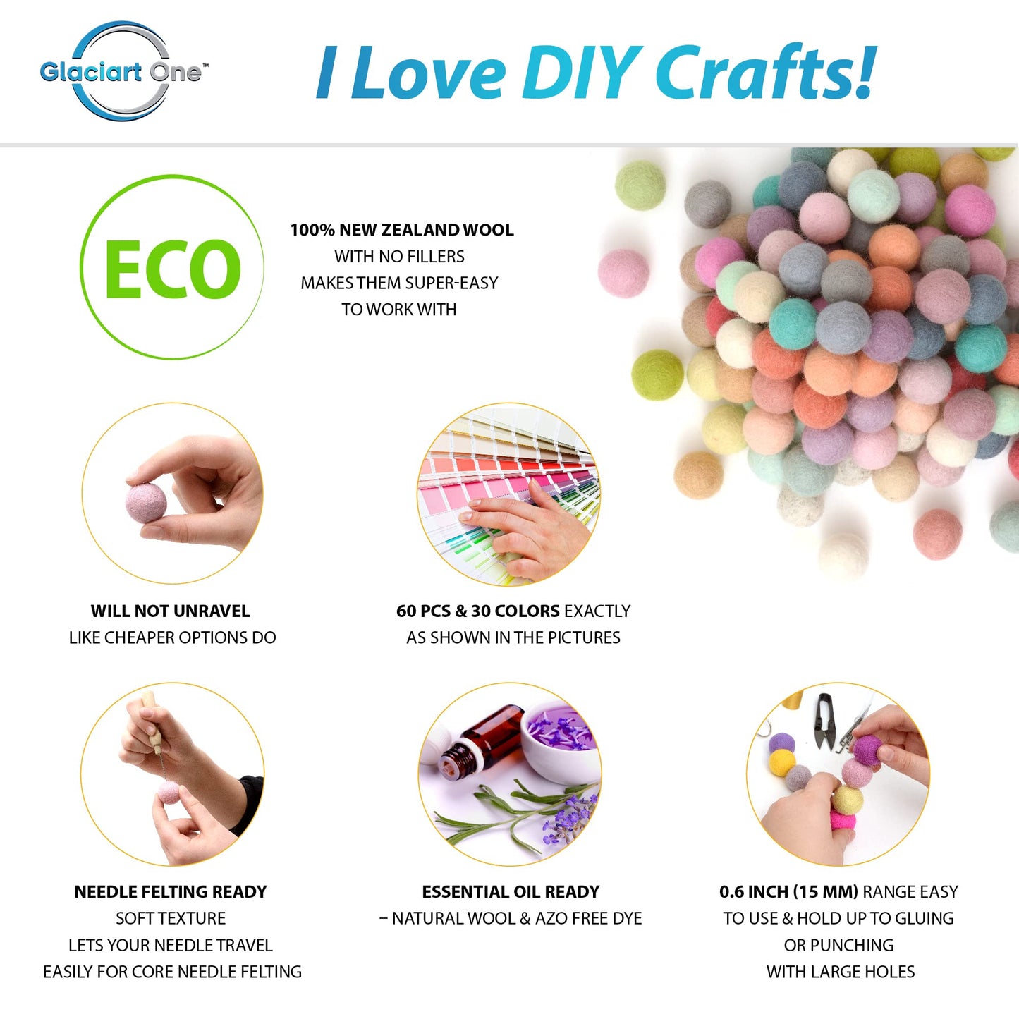 Glaciart One Felt Pom Poms, Wool Felt Balls (60 Pieces) 1.5 cm – 0.6 Inch, Handmade Felted 30 Pastel Colors (Green, Pink, Blue, Yellow and More) Bulk Small Puff for Felting and Garland