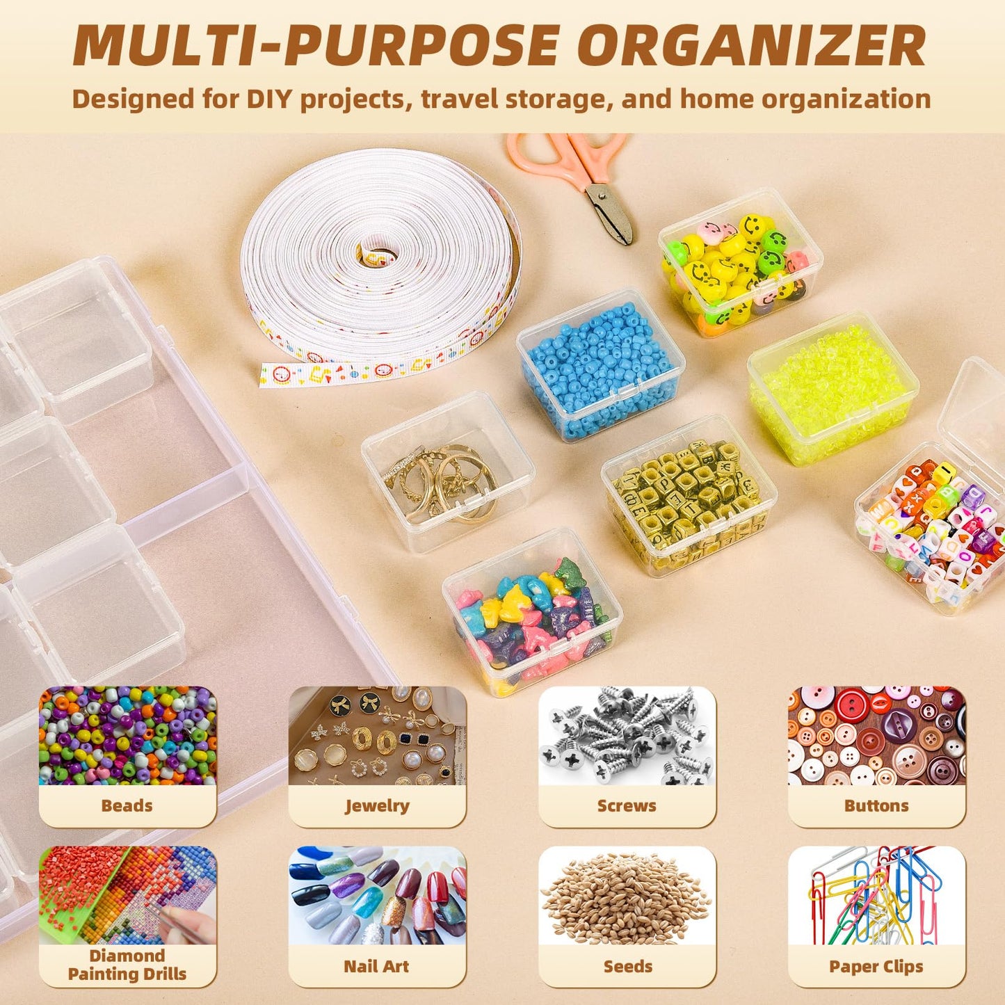 Cokapo Bead Organizer Box, 64 Pcs Clear Bead Storage Containers, Craft Organizers and Storage with Hinged Lids, Small Plastic Containers Boxes for Diamond Painting Art, Jewelry, Nail Art, Small Parts