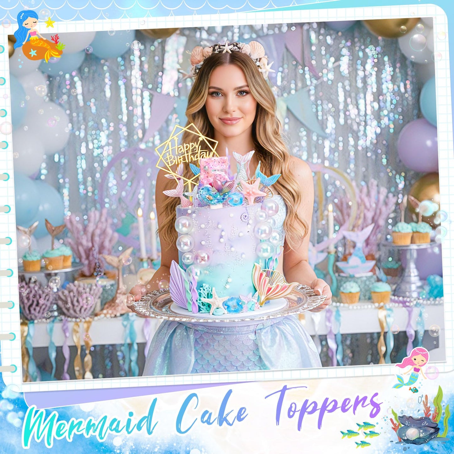 Acellegic 32 Pcs Mermaid Cake Toppers Under the Sea Cake Decor Sets Mermaid Tails Seaweeds Bubbles Shells Golden Ginkgo Leaves Birthday Card Candle for Birthday Wedding Party Supplies(Number 5)