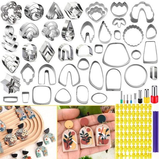 PTFJZ Polymer Clay Cutters for Earring Making 76pcs Clay Tools Set 67 Shapes Stainless Steel Clay Cutters with 8 Circle Shape Cutters 1 Letter Stamp