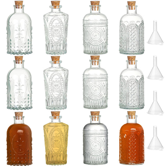 TBWIND Small Glass Bottles with Cork, 12 Pack 6oz/ 200ml Clear Glass Bottles, Assorted Vintage Embossed Designs – 4 Patterns, Mini Bottles for Wedding Favors, Vanilla Extract, Oil & Vinegar