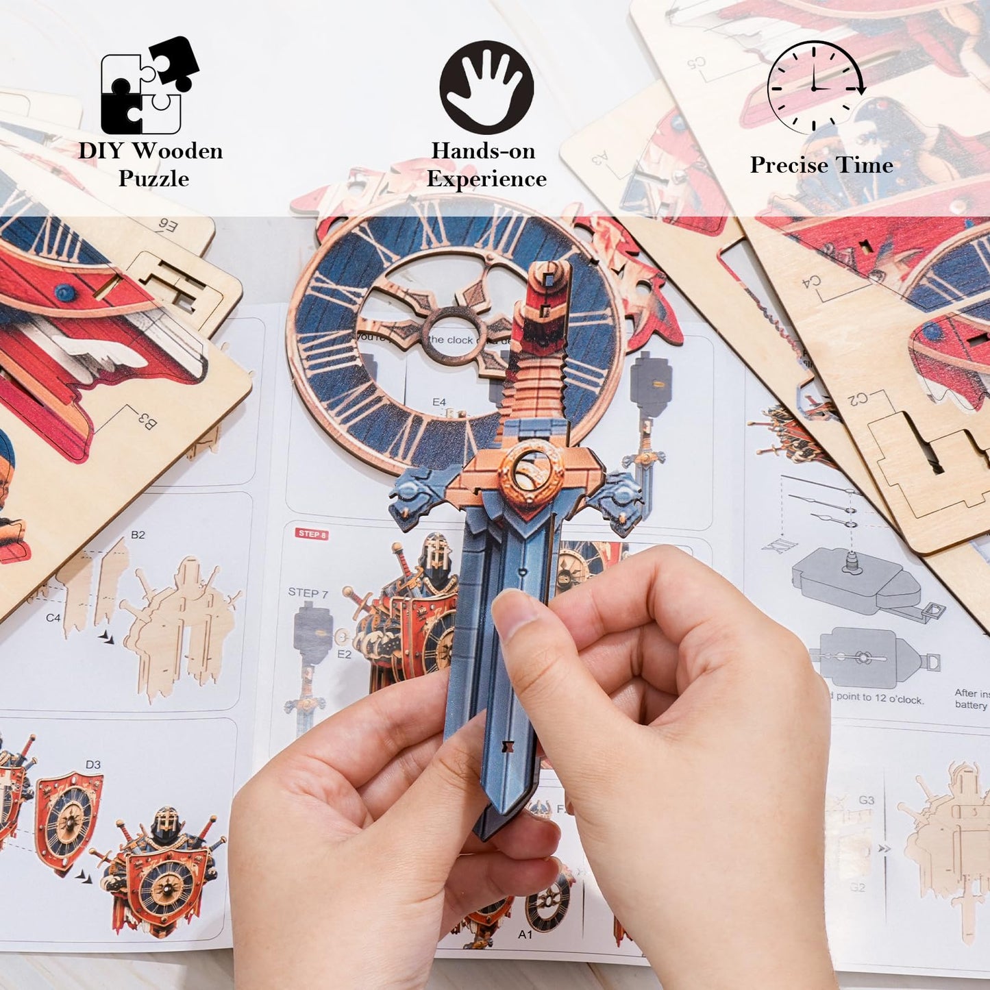 3D Wooden Puzzles for Adults – Knight Clock 3D Puzzles Art and Craft Kits, Unique Shape Wood Clock for Adults, Handmade Model Building Kit DIY Hobbies, Gifts for Family, Wall Art Home Decor