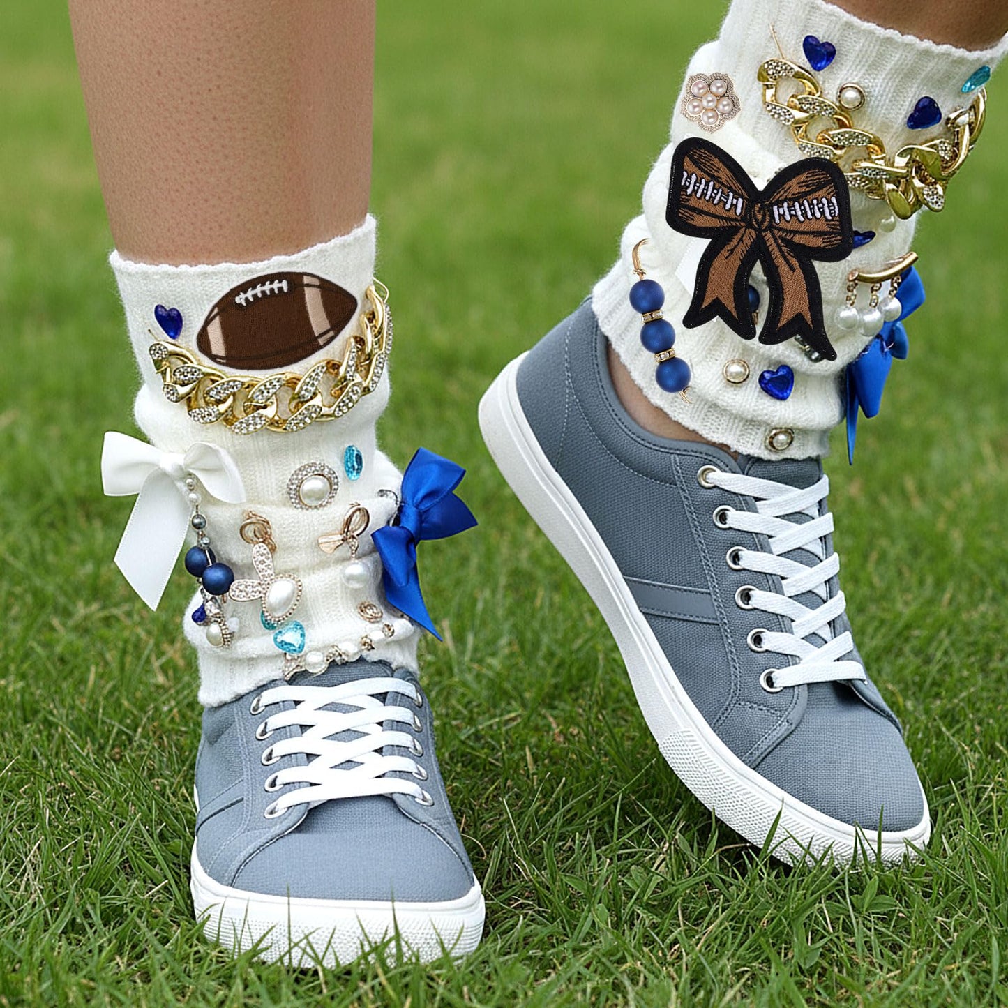 Norme 45 Pcs Game Day Football Junk Socks Charms Kit Brooches and Pins for Women Football Sports Jewelry for Socks Shoe Charms with Bows Sneakers DIY Kit with Pearls (Blue,Stylish Style)