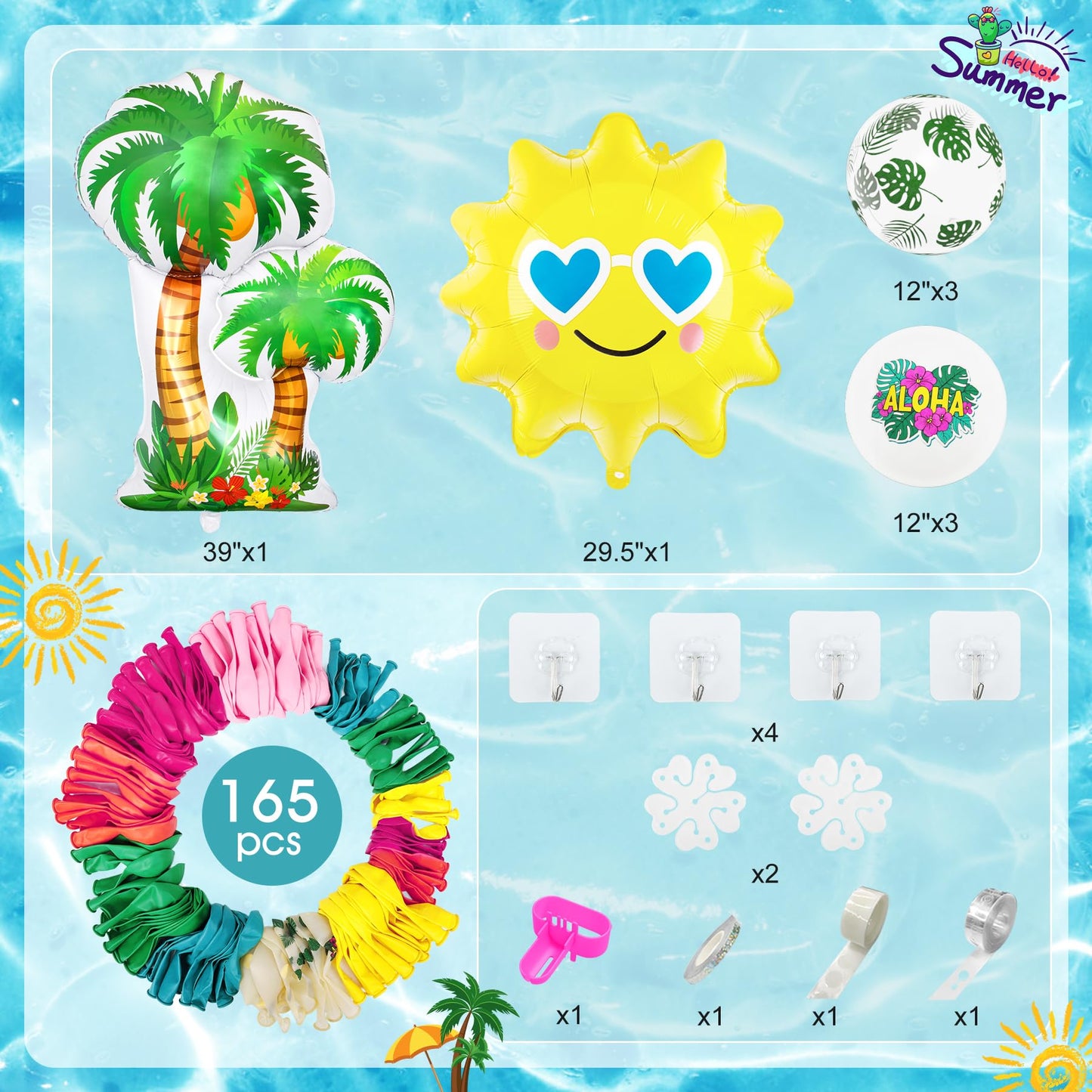 Amandir 165Pcs Summer Aloha Tropical Balloon Arch Garland Kit, Hot Pink Green Orange Blue Yellow Foil Coconut Sun Palm Leaves Neon Rainbow Balloons for Hawaiian Luau Pool Birthday Party Decorations