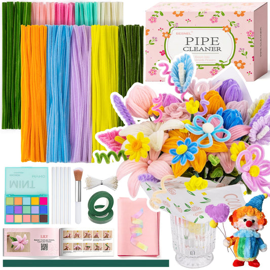 800 Pieces Pipe Cleaners Flowers Kit for DIY Flowers & Crafts,10 Colors Pipe Cleaner Bulk Making Kit with Instruction, Floral Wire for Art Projects Creative Gift-Family Fun, Holiday&Room Decorations